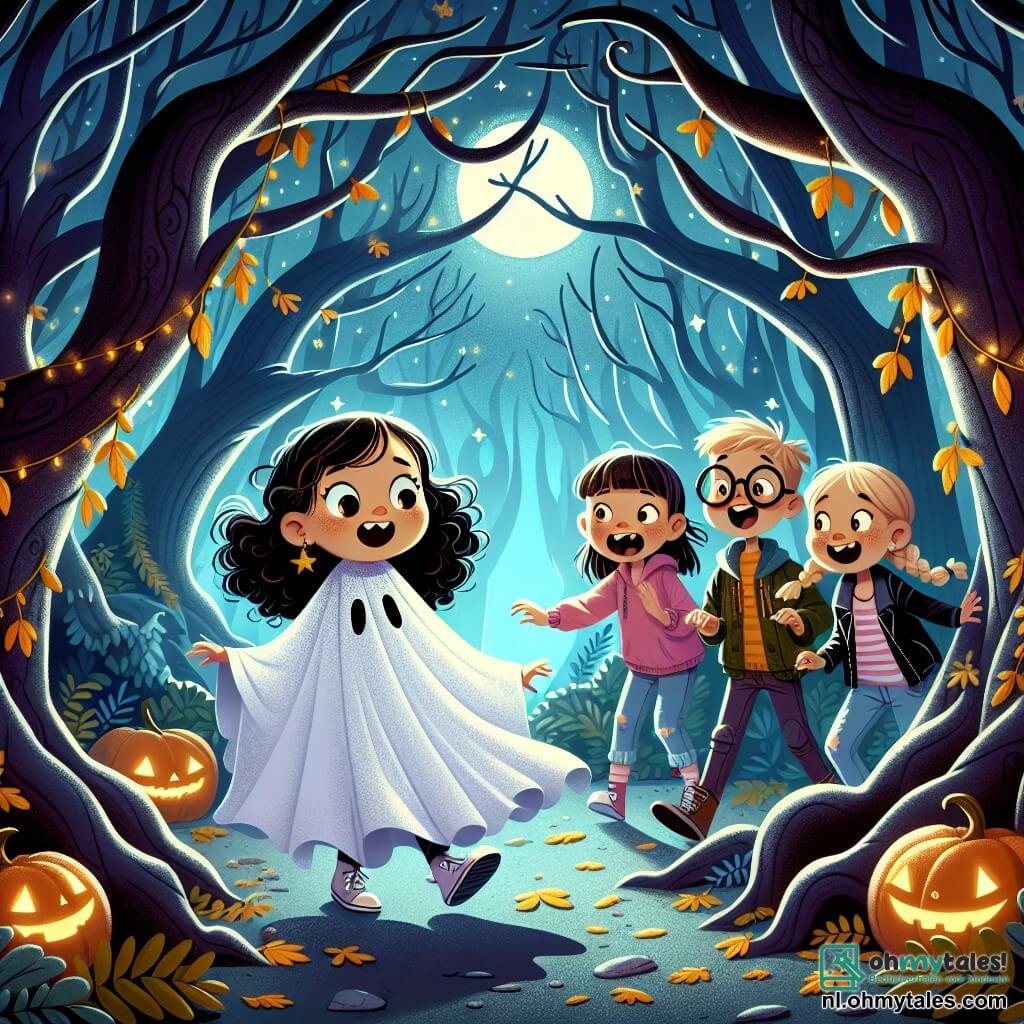 Une illustration sous forme de dessin destinée aux enfants représentant une forêt enchantée illuminée par la lune, avec des arbres aux formes étranges et des feuilles dorées, où une fille de 11 ans aux cheveux bruns et bouclés, vêtue d'un costume de fantôme fait d'un drap blanc, se tient au centre, les yeux écarquillés de surprise, tandis qu'autour d'elle, ses amis, un garçon aux lunettes et une fille aux cheveux blonds tressés, rient et s'encouragent à entrer dans une grotte mystérieuse, symbolisant leur aventure d'Halloween pleine de magie et de découvertes.