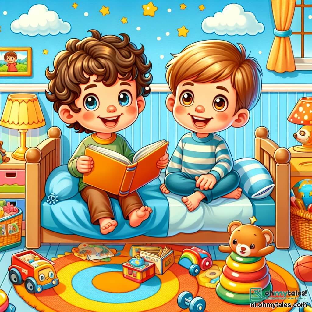 Une illustration sous forme de dessin destinée aux enfants représentant une chambre chaleureuse et colorée, avec des murs peints en bleu clair et des jouets éparpillés sur le sol, où un garçon de 5 ans aux cheveux bruns et bouclés, avec de grands yeux pétillants, est assis sur son lit en train de lire un livre avec un sourire joyeux, tandis qu'un autre garçon de 5 ans, aux cheveux blonds et courts, se tient à côté de lui, les mains sur les hanches, l'air enthousiaste, et ensemble, ils imaginent des aventures héroïques pour surmonter la maladie et retrouver la joie de jouer dehors.