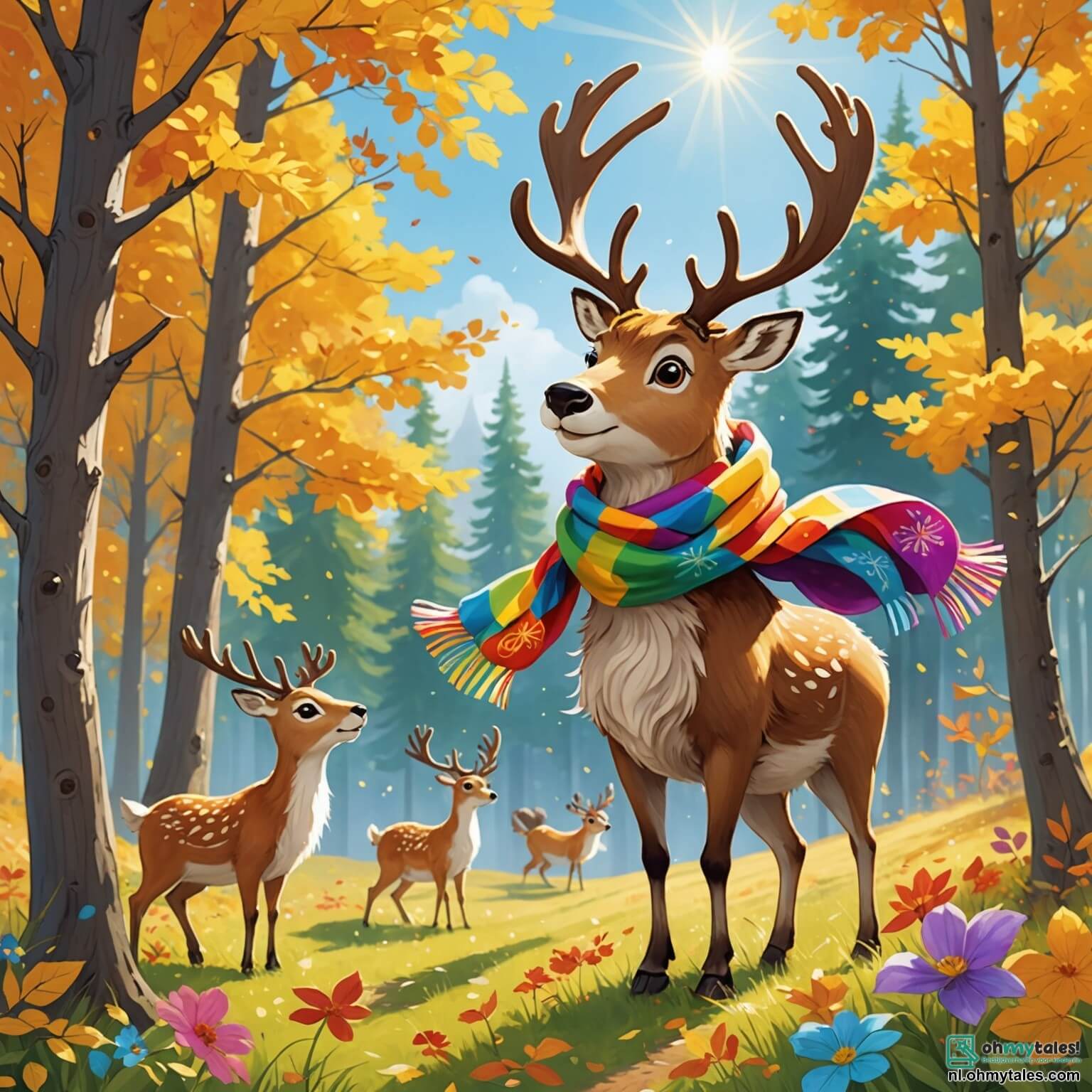 Une illustration destinée aux enfants représentant un renne au pelage doux et soyeux, avec une écharpe colorée flottant au vent comme un arc-en-ciel, se tenant joyeusement au milieu d'une clairière ensoleillée entourée de grands arbres aux feuilles dorées, où des écureuils malicieux s'affairent à préparer une fête d'anniversaire pour leur ami hibou sage, tandis que des fleurs éclatantes dansent sous la brise légère et que des rayons de soleil filtrent à travers les branches, créant un tableau magique et enchanteur.