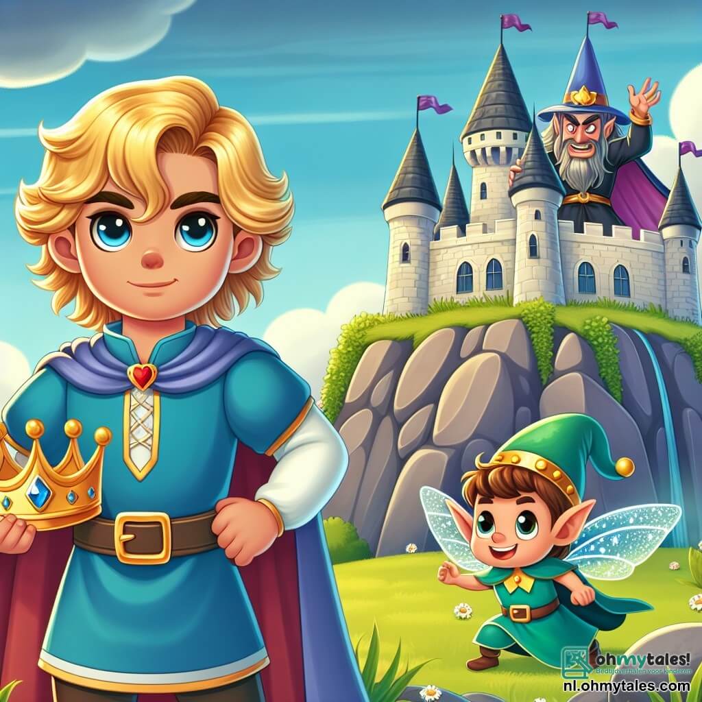 Une illustration sous forme de dessin destinée aux enfants représentant un magnifique château en pierre au sommet d'une colline verdoyante, avec un prince courageux aux cheveux dorés et à la tunique bleue, debout avec détermination, tenant une couronne dorée dans ses mains, tandis qu'une petite elfette aux ailes scintillantes vole à ses côtés, les deux observant un sorcier maléfique en arrière-plan, prêt à s'emparer de la couronne, dans une scène pleine de magie et d'aventure.
