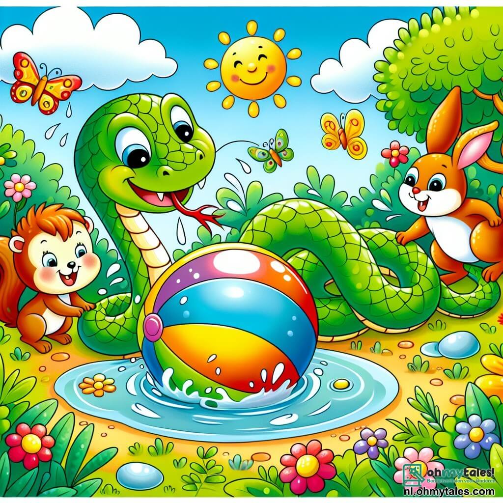 Une illustration sous forme de dessin destinée aux enfants représentant un joyeux et coloré bosquet ensoleillé, où un serpent vert aux écailles brillantes et au sourire malicieux s'apprête à pousser une grande balle multicolore qui vient de tomber dans une flaque d'eau, tandis qu'une éekhoorn aux poils roux et une lapin aux grandes oreilles rient aux éclats en essayant de l'aider à sortir la balle de l'eau, entourés de fleurs éclatantes et de papillons virevoltants.
