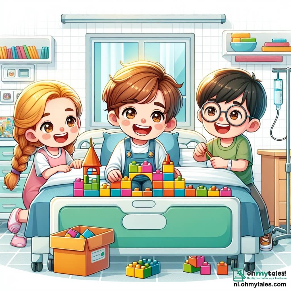Une illustration sous forme de dessin destinée aux enfants représentant une chambre d'hôpital lumineuse avec des murs blancs et des jouets colorés, où un garçon de 9 ans aux cheveux bruns et aux yeux pétillants, assis sur son lit, construit un château en blocs de construction, entouré de deux amis : une fille aux cheveux blonds tressés, souriante et pleine d'énergie, et un garçon aux lunettes rondes et aux cheveux châtains, qui tient un livre de bandes dessinées, tandis qu'ils rient ensemble, illustrant la force de l'amitié et de l'imagination face à la maladie.