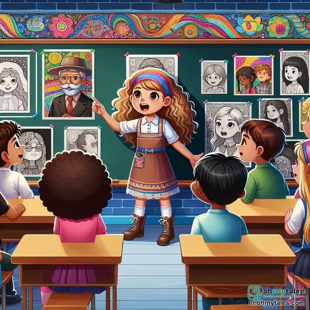 Une illustration sous forme de dessin destinée aux enfants représentant une salle de classe colorée, avec des murs décorés de dessins d'enfants, où une fille de 9 ans aux cheveux bouclés et à la peau claire se tient debout, souriante, en train de partager l'histoire de son grand-père avec ses camarades, tandis qu'un groupe d'enfants de différentes origines ethniques, dont un garçon aux cheveux noirs et à la peau mate et une fille aux cheveux blonds et à la peau claire, l'écoutent attentivement, illustrant un moment d'échange culturel et de respect mutuel, dans le cadre d'un projet scolaire sur la diversité et l'acceptation.