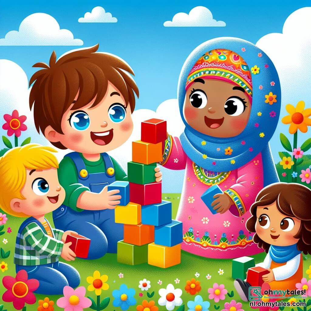Une illustration sous forme de dessin destinée aux enfants représentant un jardin coloré avec des fleurs éclatantes et un ciel bleu, où un garçon de 3 ans aux cheveux bruns et aux yeux pétillants, souriant joyeusement, construit une tour de blocs colorés, entouré d'une fille d'origine arabe portant un joli foulard et des vêtements vifs, qui l'aide en tenant un bloc rouge, tandis que deux autres enfants, un garçon aux cheveux blonds et une fille aux cheveux châtains, les regardent avec curiosité, tous partageant un moment de joie et d'amitié, illustrant ainsi la tolérance et l'acceptation des différences.