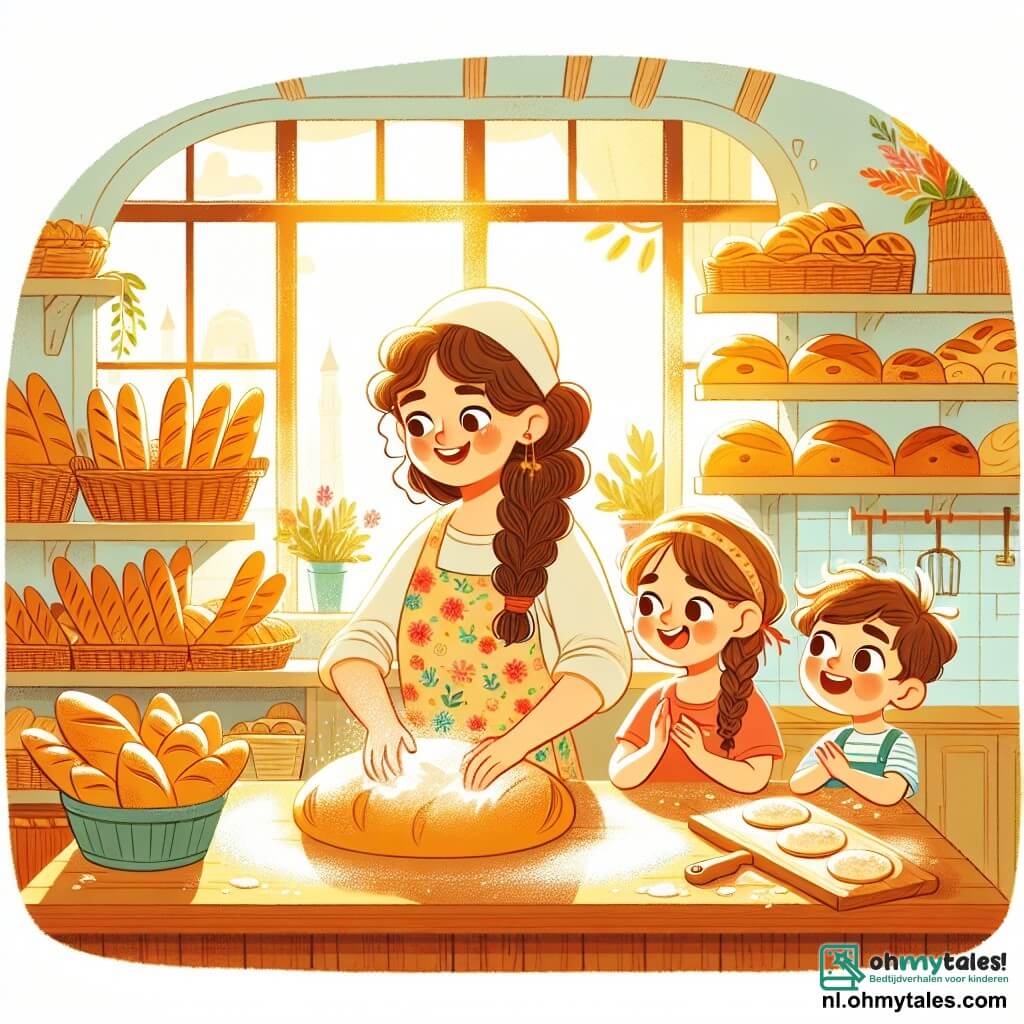 Une illustration sous forme de dessin destinée aux enfants représentant une chaleureuse boulangerie ensoleillée avec des étagères remplies de pains dorés et de pâtisseries colorées, où une femme souriante aux cheveux bruns et bouclés, portant un tablier fleuri, est en train de pétrir de la pâte sur une table en bois, tandis que deux enfants, une fille aux cheveux blonds tressés et un garçon aux cheveux châtains, regardent avec émerveillement, leurs mains couvertes de farine, alors qu'ils apprennent à faire du pain et des biscuits ensemble, créant une atmosphère joyeuse et conviviale.