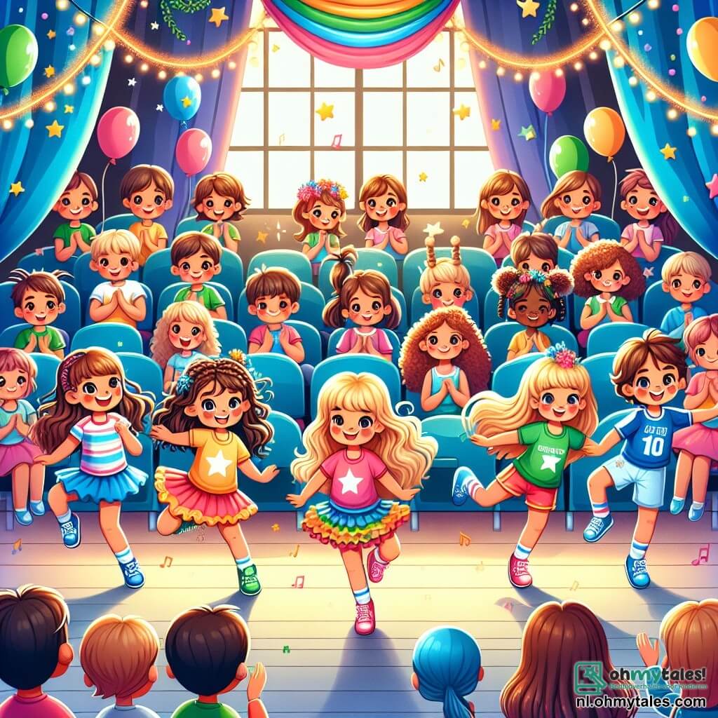 Illustratie van een levendige scène op een schoolpodium. De aula is versierd met kleurrijke ballonnen en glinsterende slingers, met rijen stoelen vol kinderen en ouders, allemaal lachend en applaudisserend. In het midden danst een groep meisjes van zeven tot acht jaar, met lang, krullend haar, in kleurrijke t-shirts en felle rokken. Een van hen, een meisje met blond haar, maakt een gracieuze sprongetje, terwijl een ander, met gevlochten bruin haar, een pirouette draait. Op de achtergrond kijkt een jongen met kort bruin haar en een voetbalshirt bewonderend toe, zich realiserend dat meisjes net zo kunnen schitteren als jongens. De sfeer is gevuld met vreugde en enthousiasme, wat de gendergelijkheid en teamgeest symboliseert. Sterren en muzieknoten zweven om hen heen, wat een magische toets toevoegt aan dit moment van viering.
