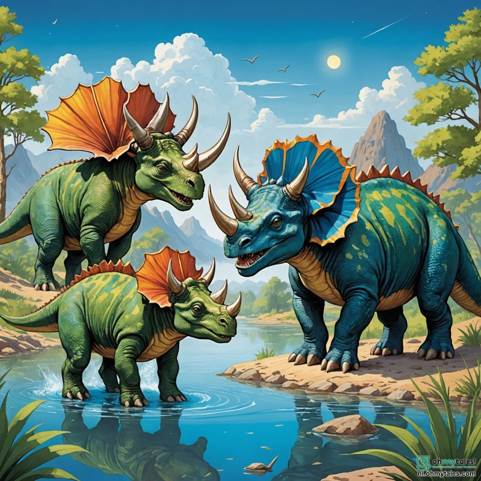 Une illustration destinée aux enfants représentant un tricératops au corps robuste et verdoyant, avec ses trois majestueuses cornes pointant vers le ciel azuré, se tenant courageusement au bord d'une rivière scintillante, entouré de ses fidèles amis, une stegosaurus aux écailles colorées et un velociraptor astucieux, tous trois prêts à s'aventurer dans la mystérieuse et envoûtante Verloren Vallei, un lieu magique où les fleurs éclatent de couleurs vives et les arbres géants semblent toucher les nuages, mais où un danger rôde sous la forme d'un tyrannosaure redoutable qui menace de voler la beauté de cet endroit enchanteur.