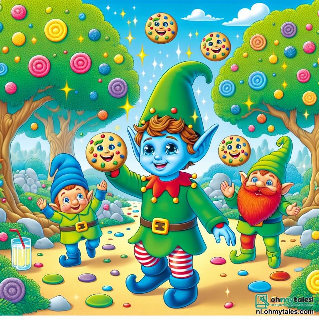 Une illustration sous forme de dessin destinée aux enfants représentant une scène enchantée dans Flonkerland, avec des arbres en bonbons colorés et une rivière de limonade scintillante, où un elfe garçon à la peau bleu vif et aux yeux pétillants, portant une grande et amusante chapeau de travers, danse joyeusement avec des cookies animés aux visages souriants, tandis que deux kabouters, l'un avec une barbe rousse et l'autre avec un chapeau pointu vert, les encouragent en applaudissant, créant une atmosphère de fête et de magie.