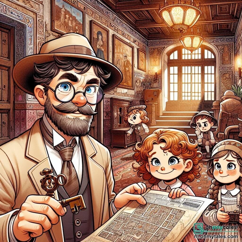 Une illustration sous forme de dessin destinée aux enfants représentant l'intérieur d'une vieille villa poussiéreuse, avec des murs ornés de tableaux anciens et des rayons de lumière filtrant à travers des fenêtres brisées, où un homme au chapeau légèrement incliné et à la longue veste beige examine attentivement un vieux journal, entouré de trois enfants : une fille aux cheveux bouclés et aux yeux pétillants, qui tient une clé rouillée, un garçon avec un sourire malicieux et des lunettes qui observe une carte, et une autre fille aux cheveux tressés qui scrute une étagère poussiéreuse, tandis qu'ils découvrent ensemble les mystères cachés de la villa.