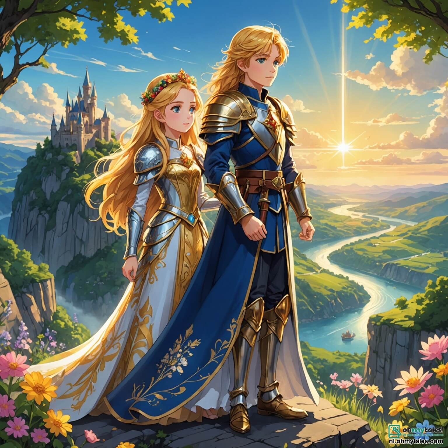 Une illustration destinée aux enfants représentant une princesse intrépide aux cheveux dorés comme les rayons du soleil, vêtue d'une robe scintillante ornée de fleurs colorées, se tenant fièrement au bord d'une falaise surplombant un royaume enchanteur, où les rivières scintillent comme des diamants et les forêts verdoyantes murmurent des secrets anciens, tandis qu'à ses côtés se trouve un jeune prince courageux aux yeux pétillants d'aventure, vêtu d'une armure brillante, et un sage sorcier à la longue barbe argentée, dont les yeux brillent de sagesse, tous trois unis dans leur quête pour découvrir les mystères d'une grotte magique cachée au cœur d'une forêt mystérieuse, où les ombres dansent et les légendes prennent vie.