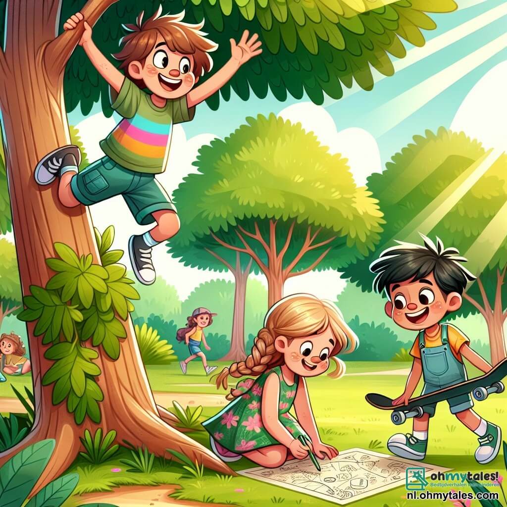 Une illustration sous forme de dessin destinée aux enfants représentant un parc ensoleillé avec de grands arbres verts et une pelouse verdoyante, où un garçon de 11 ans aux cheveux bruns en bataille, vêtu d'un t-shirt coloré et d'un short, rit aux éclats en grimpant à une grande branche d'arbre, tandis qu'une fille aux cheveux blonds tressés, portant une robe à fleurs, dessine une carte au sol, et un garçon aux cheveux noirs en skateboard, souriant, se prépare à glisser sur l'herbe, tous trois s'apprêtant à partir à la recherche d'une mystérieuse "trésor" tout en s'amusant ensemble.