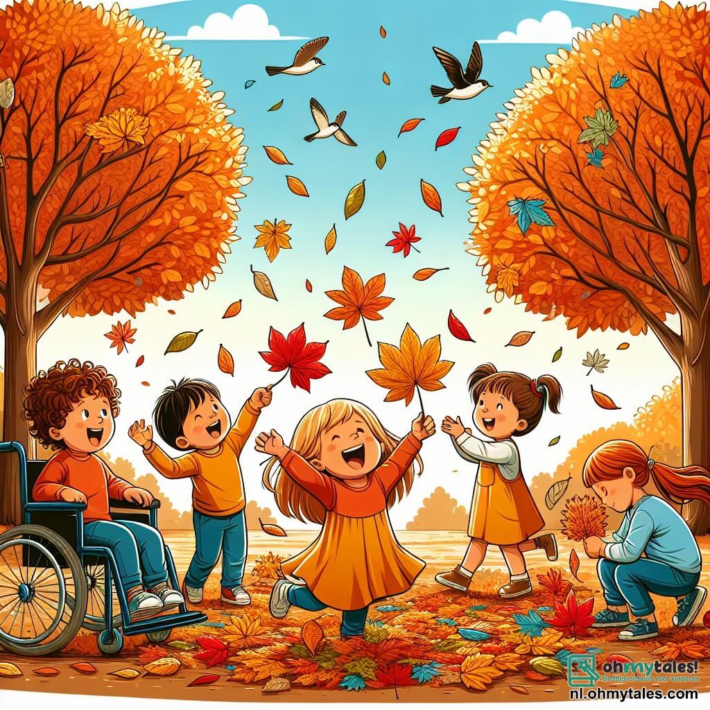 Illustratie van een park in de herfst, met majestueuze bomen met vlammen van oranje, gele en rode bladeren. Op de grond ligt een dikke laag dode bladeren die een kleurrijk tapijt vormt. Een vierjarig jongetje met bruin, krullend haar glimlacht blij terwijl hij een groot rood blad vasthoudt. Naast hem staat een vierjarig meisje met blond haar en een gele jurk, met haar armen omhoog alsof ze danst met de bladeren. Een andere vierjarige jongen, zittend in een rolstoel, lacht terwijl hij een mooi oranje blad laat zien, terwijl een vierjarig meisje met kastanjebruin haar en twee staartjes bladeren verzamelt om een klein kunstwerkje te maken. De scène vangt de geest van vriendschap en vreugde, terwijl ze plezier hebben met het verzamelen van bladeren en samen dansen, omringd door de magie van de herfst. Vogels vliegen in de blauwe lucht en enkele witte wolken drijven zachtjes, wat een vleugje zachtheid toevoegt aan deze mooie herfstdag.