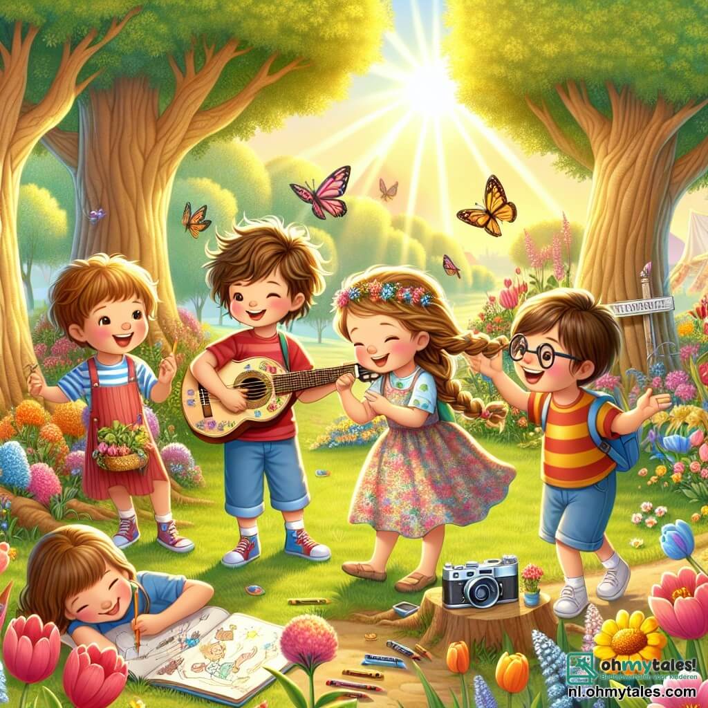 Illustratie van een lentelandschap in een zonnig park, waar grote bomen met heldergroene bladeren en kleurrijke bloemen in volle bloei een vrolijke sfeer creëren. Op de voorgrond vier kinderen: een negenjarige jongen met rommelig bruin haar, in een rode t-shirt en blauwe shorts, die een grote mandoline vol bloemen vasthoudt; een negenjarig meisje met gevlochten blond haar, in een bloemenjurk, die met kleurpotloden in een notitieboekje tekent; een negenjarige jongen met een bril en kastanjebruin haar, die een foto maakt met een oude camera; en een negenjarig meisje met krullend haar en een gele t-shirt, die met de vinger naar een klein vogelnestje in het gras wijst. De hoofdscène toont de kinderen die verwonderd zijn over de natuur, lachend en hun ontdekkingen deelend, omringd door kleurrijke vlinders en gouden zonlicht van de ondergang, wat een magische en vriendelijke sfeer creëert.