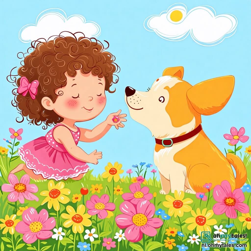 Une illustration sous forme de dessin destinée aux enfants représentant un jardin en pleine floraison au printemps, avec des fleurs roses et jaunes éclatantes, où une petite fille de 2 ans aux cheveux bouclés et aux joues roses, agenouillée, sent joyeusement les fleurs, tandis qu'un chien de taille moyenne, au pelage doré et aux grandes oreilles, s'approche d'elle en remuant la queue, le tout sous un ciel bleu clair parsemé de quelques nuages blancs, évoquant une belle journée ensoleillée.
