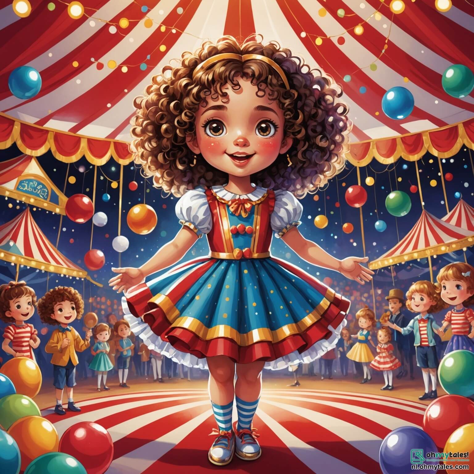 Une illustration destinée aux enfants représentant une petite fille aux cheveux bouclés et aux yeux pétillants, vêtue d'une robe colorée ornée de paillettes scintillantes, se tenant au centre d'une grande tente de cirque aux rayures rouges et blanches, où des lumières vives dansent sur des visages émerveillés, tandis qu'elle s'apprête à jongler avec des balles multicolores sous le regard admiratif d'un jongleur joyeux à la moustache flamboyante et d'une maman souriante, tous deux entourés de clowns rieurs et d'acrobates virevoltants, créant une atmosphère magique et pleine de rires au cœur de cet univers féérique.
