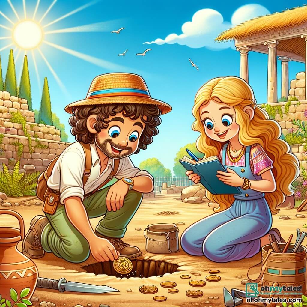Une illustration sous forme de dessin destinée aux enfants représentant un site archéologique ensoleillé près d'une ancienne villa romaine, avec un homme aux cheveux bruns et bouclés, portant un chapeau de paille et des vêtements de travail, qui s'agenouille dans le sol en train de découvrir une ancienne pièce de monnaie, tandis qu'une femme aux cheveux blonds et longs, vêtue d'une blouse d'archéologue, observe avec un sourire et prend des notes dans un carnet, le tout entouré de fouilles archéologiques, de pots en terre cuite et de plantes méditerranéennes, illustrant l'excitation de la découverte d'un trésor historique.