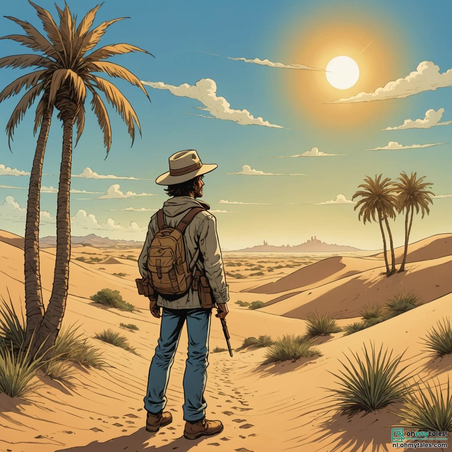 Une illustration destinée aux enfants représentant un homme intrépide aux cheveux ébouriffés, vêtu d'un chapeau d'explorateur usé par le temps et d'une veste en toile, se tenant devant une vaste étendue de dunes dorées scintillant sous le soleil brûlant, avec des palmiers verdoyants se balançant doucement au gré du vent chaud, tandis qu'il scrute l'horizon à la recherche de la légendaire ville perdue, accompagné d'un vieux sage au regard pétillant et à la barbe blanche, qui lui murmure des histoires anciennes et des secrets de la nature, tous deux plongés dans l'immensité mystérieuse de la désertique et envoûtante Zandwoestijn.