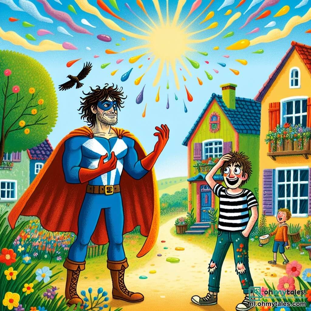Illustratie die een zonnige scène in een kleurrijk dorp weergeeft, met huizen met felle gevels en bloeiende tuinen. In het midden staat een gespierde man in een blauw-rood superheldenpak met een wapperende cape, die glimlacht terwijl hij zijn armen naar de lucht heft. Hij heeft rommelig bruin haar en een masker dat zijn ogen bedekt. Naast hem staat een jonge man van ongeveer 25 jaar, met verward blond haar en een verwarde blik, die een gestreept t-shirt en gescheurde broek draagt. Hij wrijft over zijn hoofd, duidelijk in de war, terwijl hij kijkt naar een regen van pudding die uit de lucht valt. De hoofdsituatie toont de superheld die de lucht in pudding verandert, terwijl de jonge man, verrast en verwonderd, zijn mond opent om een druppel pudding op te vangen. Kleurrijke puddingspetters vallen om hen heen en creëren een vrolijke en speelse sfeer. Nieuwsgierige vogels vliegen boven hen, en enkele kinderen uit het dorp, lachend, staan op een afstand klaar om van deze zoete regen te proeven.