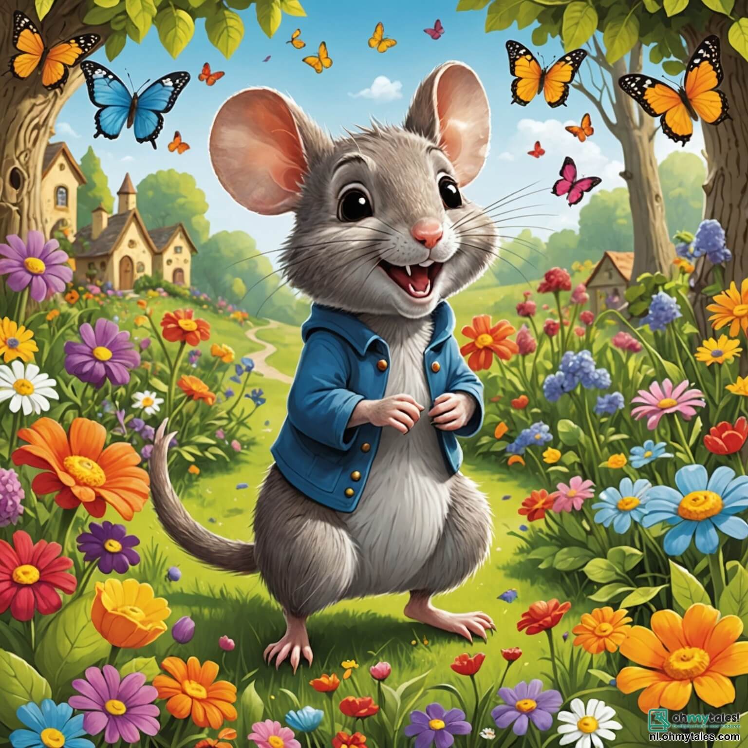 Une illustration destinée aux enfants représentant un petit rat espiègle aux yeux pétillants et à la fourrure grise, se faufilant avec agilité à travers un jardin enchanté rempli de fleurs colorées, de papillons virevoltants et de légumes juteux, où il propose à ses amis, un joyeux lapin aux grandes oreilles et un eekhoorn malicieux aux poils soyeux, d'organiser une compétition amusante pour voir qui peut rassembler le plus de délices avant que le soleil ne se couche derrière les arbres majestueux, créant une atmosphère de camaraderie et d'aventure.