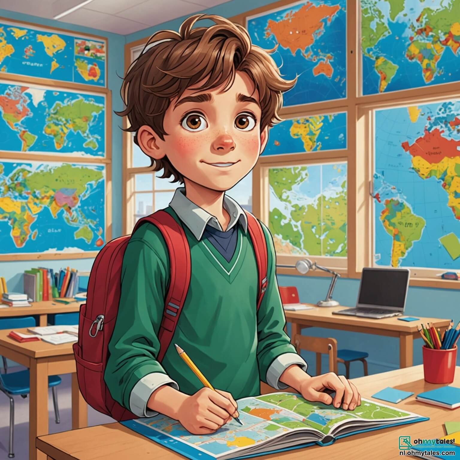 Une illustration destinée aux enfants représentant un garçon aux cheveux châtains ébouriffés, les yeux pétillants de curiosité, se tenant au milieu d'une salle de classe lumineuse, ornée de posters colorés sur les murs, de cartes du monde accrochées aux fenêtres et de bureaux en bois bien rangés, alors qu'il s'apprête à vivre une journée palpitante d'apprentissage et d'aventures avec ses camarades de classe, dont une fille aux couettes rousses qui adore poser des questions et un garçon aux lunettes rondes qui est un véritable expert en dinosaures, tous impatients de découvrir ensemble les merveilles que leur réserve leur professeur bienveillant, dans cet environnement chaleureux où le soleil filtre à travers les rideaux, illuminant les visages souriants des enfants.