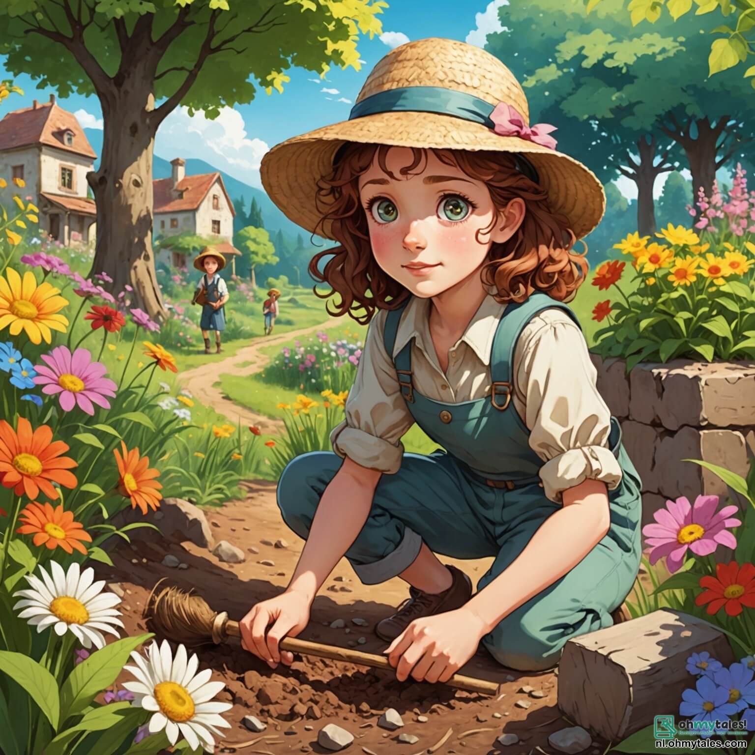 Une illustration destinée aux enfants représentant une archéologue passionnée, une femme aux cheveux châtains bouclés et aux yeux pétillants de curiosité, vêtue d'un chapeau de paille et d'une chemise à manches retroussées, qui, dans un jardin ensoleillé rempli de fleurs colorées et d'arbres majestueux, creuse avec enthousiasme le sol à la recherche de trésors anciens, accompagnée d'une petite fille aux yeux brillants de fascination, qui rêve de devenir archéologue comme elle, tandis qu'un doux chant d'oiseaux et le parfum des fleurs créent une atmosphère magique autour d'eux.