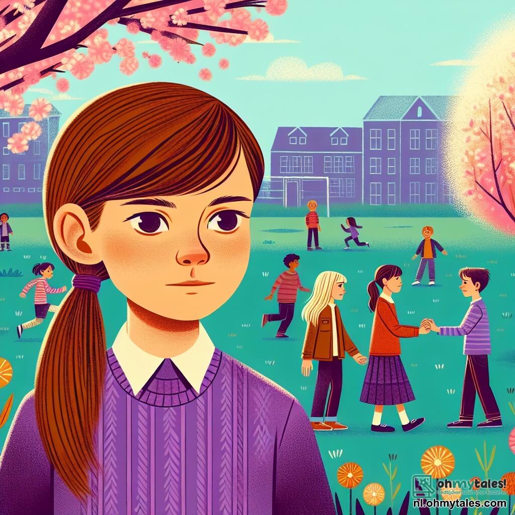 Une illustration sous forme de dessin destinée aux enfants représentant une cour d'école ensoleillée, avec des arbres en fleurs et des enfants jouant en arrière-plan ; au premier plan, une fille de 11 ans avec des cheveux châtains attachés en queue de cheval, portant un pull violet, qui regarde avec une expression de tristesse et de détermination, tandis que deux de ses amies, une fille aux cheveux blonds et une autre aux cheveux bruns, l'encouragent en lui tenant la main, symbolisant le soutien face au harcèlement scolaire.