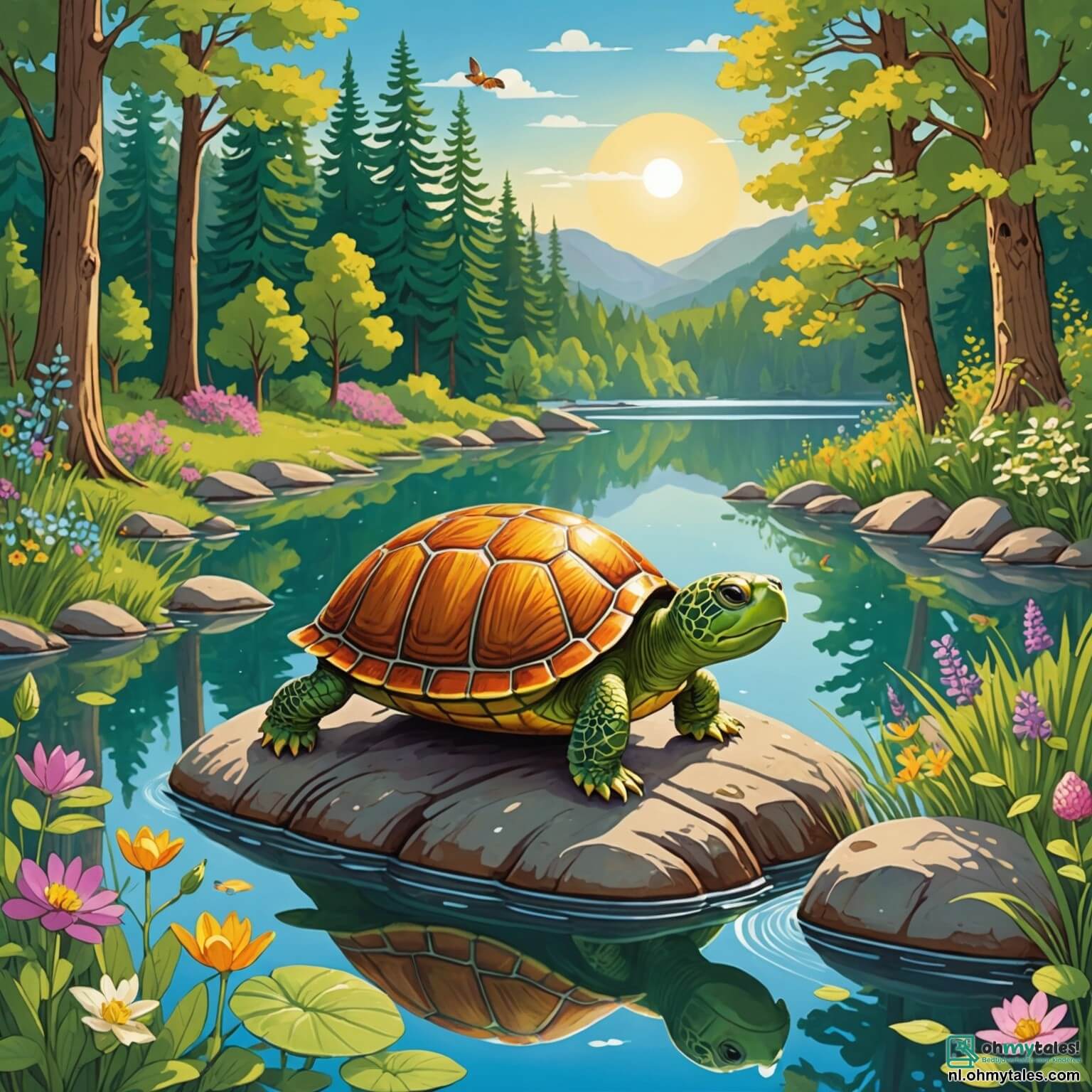 Une illustration destinée aux enfants représentant une tortue au carapace brillante comme un miroir, se tenant sur un rocher chaud et lisse au bord d'une rivière scintillante, entourée de fleurs sauvages aux couleurs éclatantes et de grands arbres aux feuilles dansantes, tandis qu'un joyeux lapin aux grandes oreilles bondit à ses côtés, tous deux rêvant d'aventures au-delà des frontières de leur paisible forêt ensoleillée, où le chant des oiseaux et le murmure de l'eau créent une mélodie douce et apaisante.