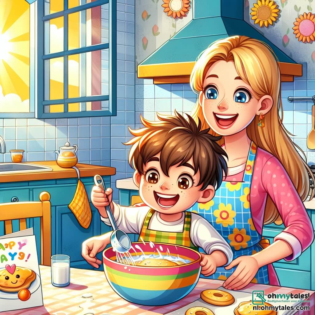 Une illustration sous forme de dessin destinée aux enfants représentant une cuisine ensoleillée avec des murs colorés et des fenêtres ouvertes laissant entrer la lumière, où un garçon de 5 ans aux cheveux bruns en désordre et aux yeux pétillants, portant un tablier coloré, s'active joyeusement à mélanger des ingrédients dans un grand bol, tandis qu'une femme souriante, sa mère, aux cheveux longs et blonds, l'aide en versant du lait, le tout dans une ambiance festive de préparation d'un petit-déjeuner spécial pour la fête des pères, avec des pannenkoeken dorées sur la table et une carte colorée faite main posée à côté.