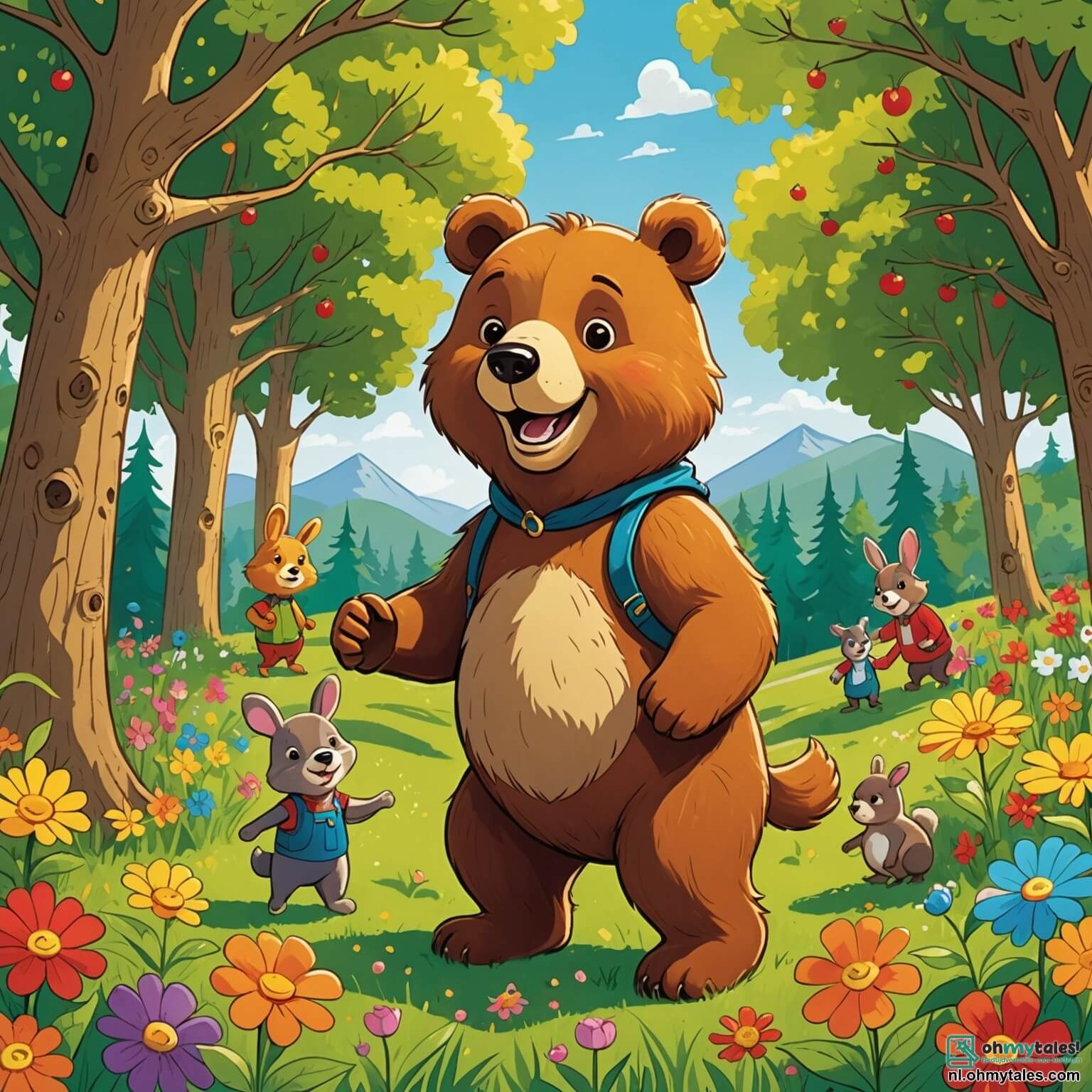 Une illustration destinée aux enfants représentant un ours au pelage doré et brillant, avec un sourire malicieux sur son visage, se tenant au milieu d'une clairière ensoleillée, entourée de fleurs colorées et de grands arbres aux feuilles verdoyantes, où il s'apprête à organiser une joyeuse compétition de cueillette de pommes avec ses deux amis espiègles, un petit lapin aux grandes oreilles et une écureuil au pelage roux, tandis que des oiseaux chantent gaiement dans les branches et que des rayons de soleil dansent à travers les feuillages, créant une atmosphère de fête et d'aventure.