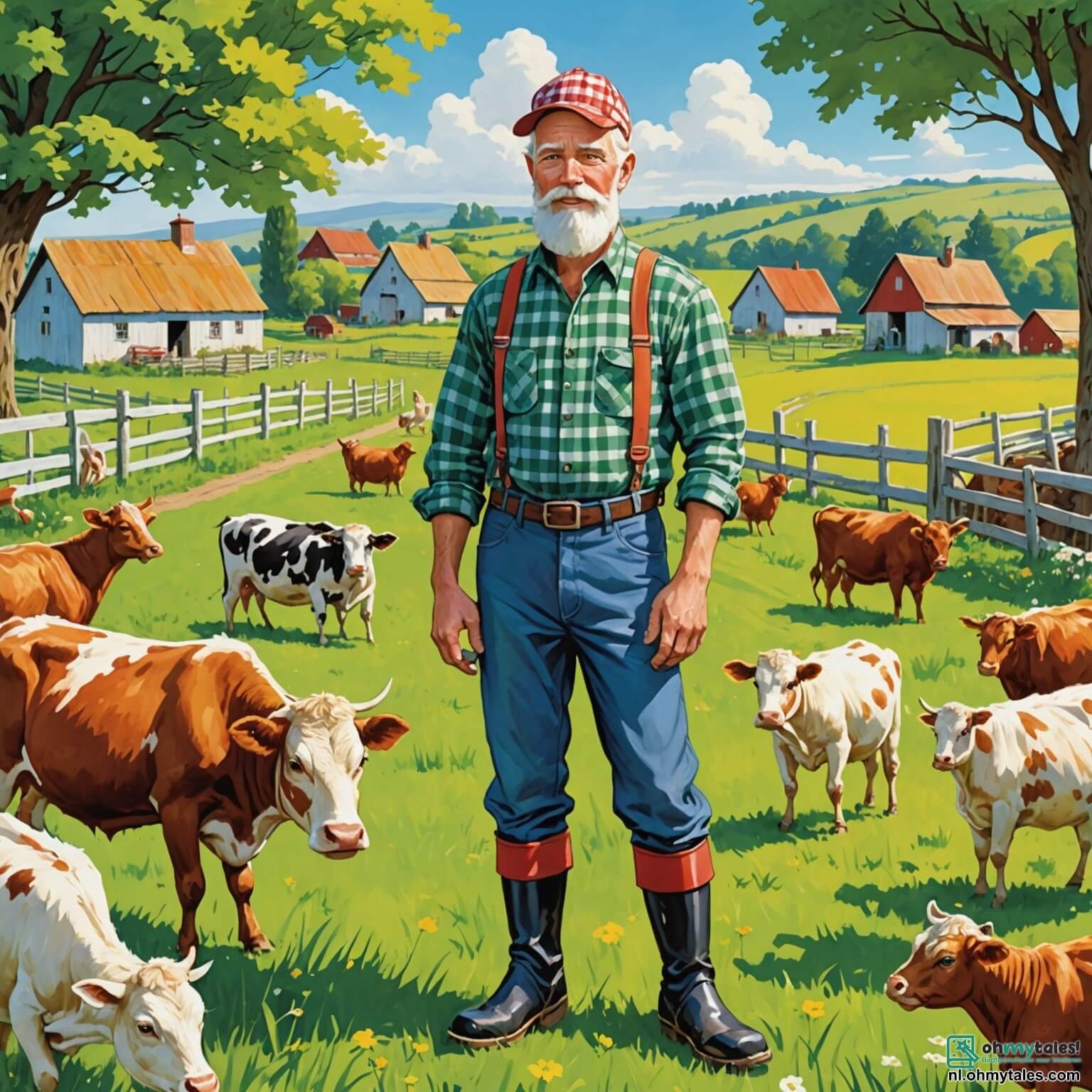 Une illustration destinée aux enfants représentant un homme à la barbe blanche et à la casquette légèrement de travers, vêtu d'une chemise à carreaux colorée et de bottes en caoutchouc, se tenant joyeusement au milieu de sa ferme pittoresque, entouré de vaches paisibles qui broutent dans un champ verdoyant, de poules aux plumes éclatantes qui picorent le sol, et de deux enfants, un garçon aux cheveux blonds et une fille aux tresses brunes, qui l'aident avec enthousiasme à traire les vaches et à nourrir les poules, le tout sous un ciel bleu éclatant parsemé de nuages cotonneux, tandis que le soleil brille sur les rangées de légumes colorés dans le potager et que le chant des oiseaux résonne dans l'air frais de la campagne.