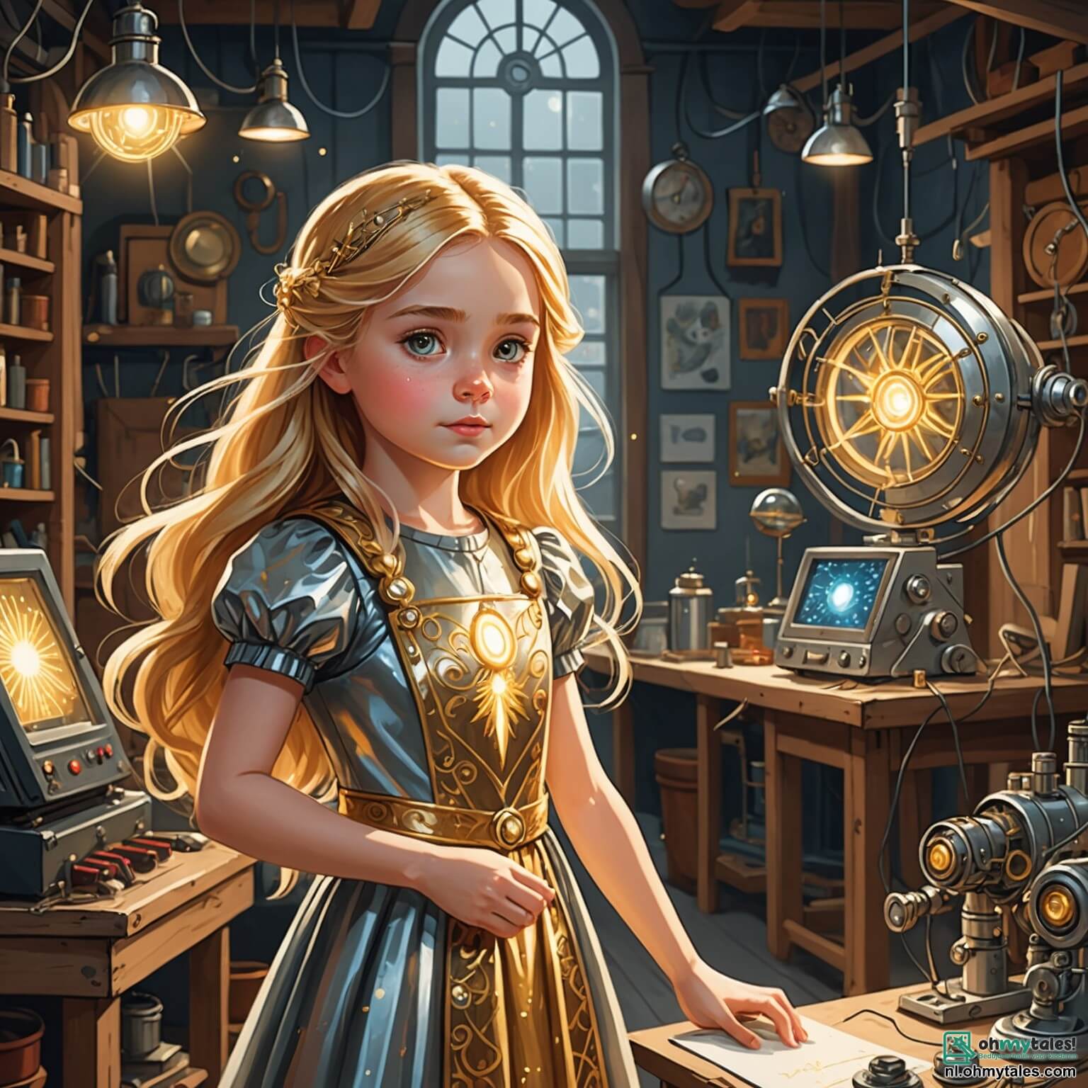 Une illustration destinée aux enfants représentant une jeune fille au cœur pur, aux cheveux dorés comme les rayons du soleil, vêtue d'une robe scintillante faite de fils d'argent et de lumière, se tenant dans un atelier rempli de gadgets étincelants et de machines bourdonnantes, où elle rêve de créer une invention magique pour unir les cœurs des gens, tout en étant observée par sa méchante belle-mère, une femme au visage sévère et aux yeux froids, ainsi que par ses deux sœurs jalouses, aux rires moqueurs et aux regards envieux, le tout se déroulant dans la ville futuriste de Glimmerstad, où les bâtiments brillent comme des étoiles et où les voitures volantes dansent dans le ciel nocturne, illuminant l'horizon d'une lueur féerique.