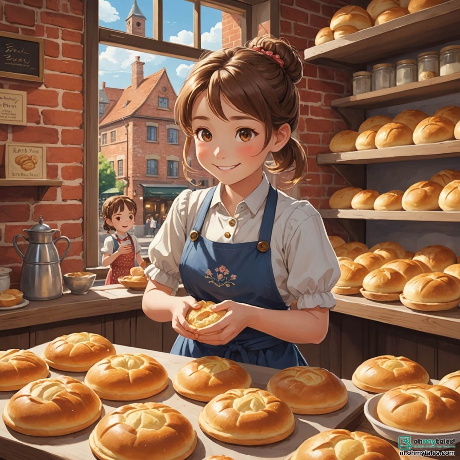 Une illustration destinée aux enfants représentant une femme au sourire chaleureux, les cheveux en chignon, vêtue d'un tablier fleuri, pétrissant avec amour une pâte dorée dans une boulangerie pittoresque aux murs en briques rouges, où l'air est empli de l'odeur sucrée du pain chaud et des viennoiseries, tandis que deux enfants, une fille aux yeux pétillants et un garçon curieux, attendent avec impatience devant la vitrine ornée de gâteaux colorés et de croissants dorés, rêvant de créer ensemble une délicieuse tarte aux pommes sous la lumière dorée du matin qui filtre à travers les fenêtres décorées de fleurs.