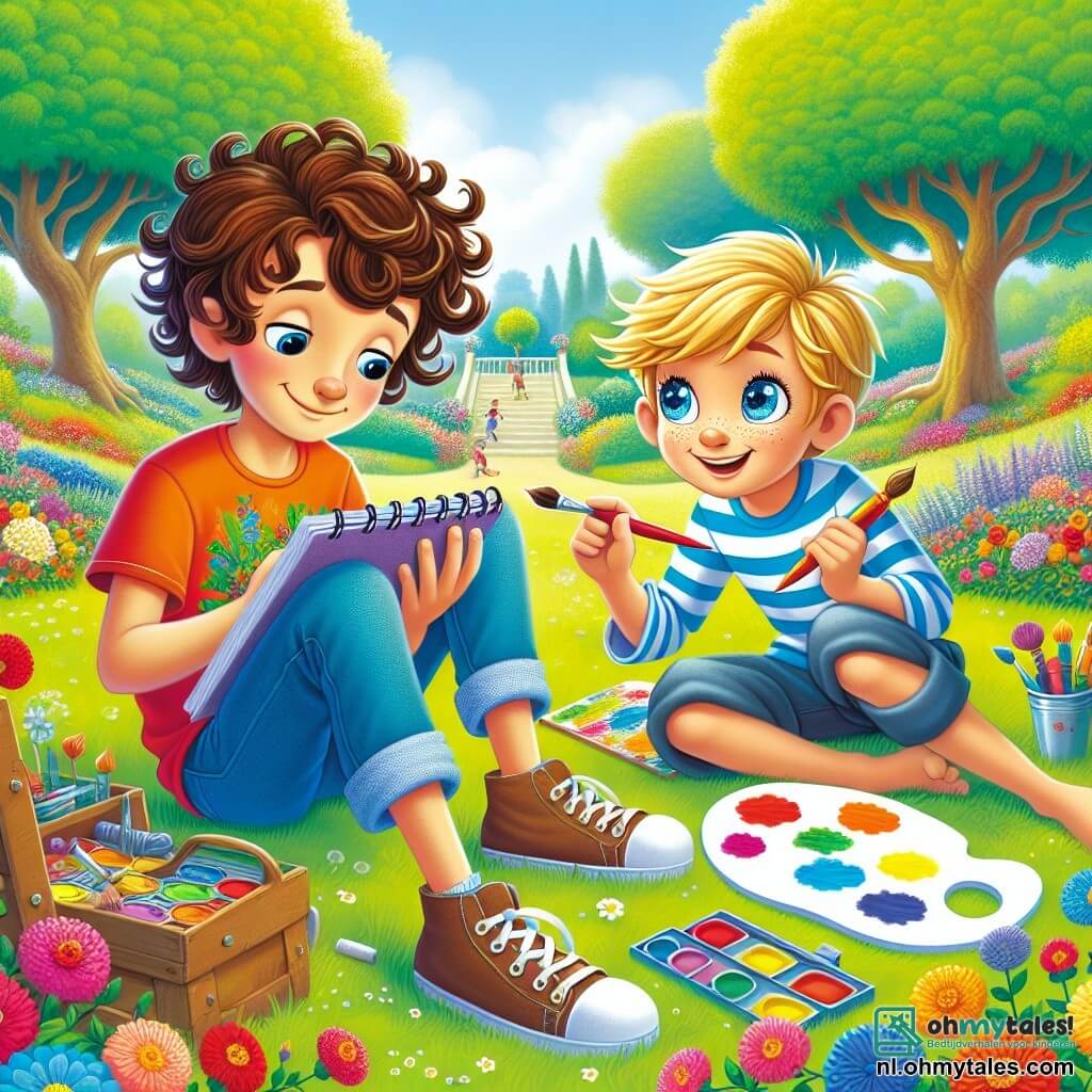 Une illustration sous forme de dessin destinée aux enfants représentant un parc ensoleillé, rempli de fleurs colorées et d'arbres majestueux, où un jeune homme aux cheveux bruns et bouclés, vêtu d'un t-shirt coloré et d'un pantalon en toile, est assis sur l'herbe, concentré sur son esquisse, tandis qu'un petit garçon aux yeux pétillants et aux cheveux blonds, vêtu d'un t-shirt rayé, l'observe avec émerveillement, tenant un pinceau et une palette de couleurs, alors qu'ils collaborent joyeusement pour créer ensemble une œuvre d'art magique, symbolisant l'amitié et la créativité.