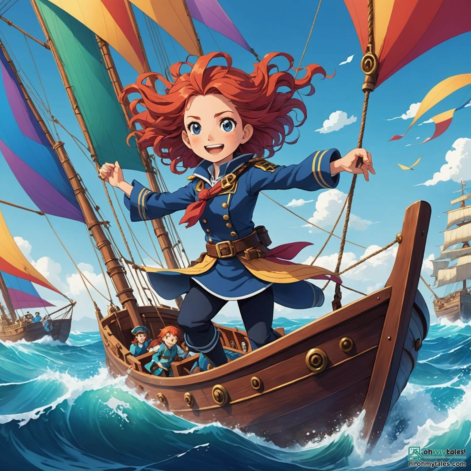 Une illustration destinée aux enfants représentant une intrépide capitaine femme aux cheveux flamboyants flottant au vent, naviguant sur son majestueux navire aux voiles colorées, dans une mer azur parsemée de vagues scintillantes, alors qu'elle se lance dans une quête palpitante pour dénicher un trésor caché sur l'éblouissant Eiland van de Vergeten Dromen, entourée de son fidèle équipage composé d'un joyeux cuisinier garçon à l'appétit insatiable, d'un robuste matelot garçon à la force impressionnante, et d'une astucieuse navigatrice fille aux yeux pétillants d'intelligence, tous unis par l'amitié et l'aventure, face à des défis et des rivaux redoutables dans un monde de mystères et de merveilles.