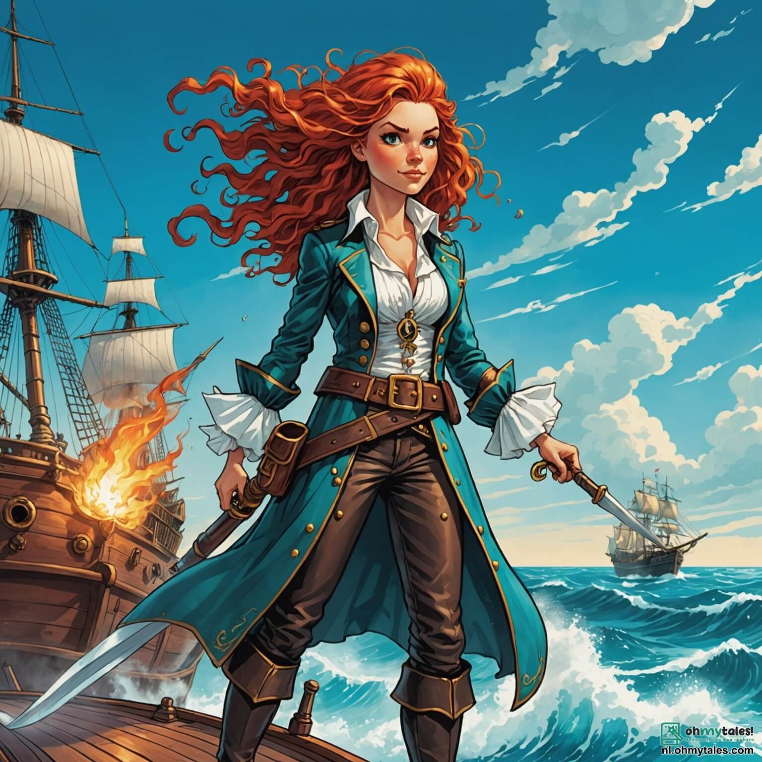 Une illustration destinée aux enfants représentant une intrépide femme pirate aux cheveux flamboyants, vêtue d'une chemise blanche flottante et d'un long manteau en cuir, se tenant fièrement à la proue de son majestueux navire, la "Zonneschijn", qui fend les vagues scintillantes d'un océan turquoise sous un ciel azur parsemé de nuages cotonneux, tandis qu'elle scrute l'horizon à la recherche d'une mystérieuse île aux trésors, entourée de sa loyale équipe composée d'un robuste garçon au regard déterminé, son premier lieutenant, et d'une malicieuse fille à l'esprit vif, la cuisinière, tous deux prêts à l'accompagner dans cette quête palpitante au cœur d'un monde rempli de dangers et de merveilles, où les palmiers dansent au gré du vent et les oiseaux colorés chantent des mélodies enjouées.