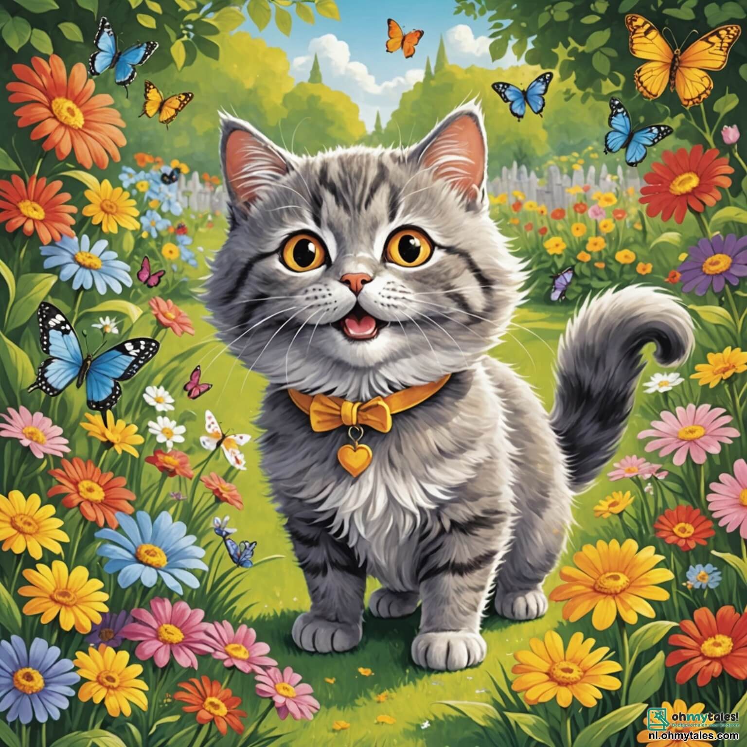 Une illustration destinée aux enfants représentant un chat espiègle aux yeux pétillants, avec une fourrure douce et grise, se faufilant joyeusement à travers un jardin enchanteur rempli de fleurs colorées dans tous les coins, où des papillons virevoltent et des oiseaux chantent, tandis que son fidèle ami, un chien au pelage doré, l'encourage à organiser une fête d'anniversaire pleine de rires et de jeux, tout en évitant les mésaventures hilarantes qui surviennent à chaque tournant, le tout se déroulant sous un ciel bleu éclatant, parsemé de nuages moelleux comme des bonbons.