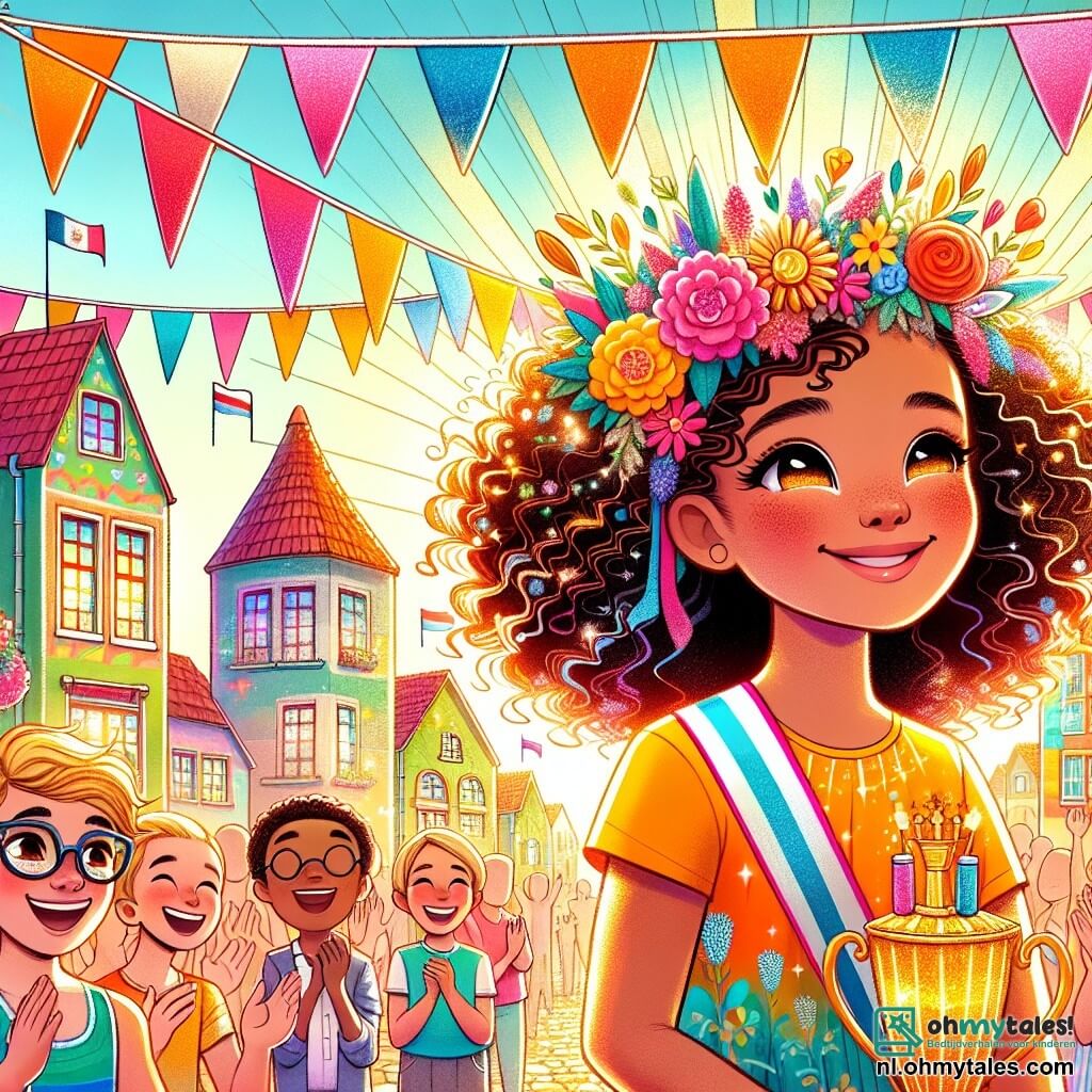 Une illustration sous forme de dessin destinée aux enfants représentant un village coloré et ensoleillé, avec des maisons aux façades vives et des drapeaux flottants, où une fille de 10 ans aux cheveux bouclés et aux yeux pétillants, portant une couronne de fleurs et un sourire radieux, s'apprête à participer à un festival de jeux, entourée de ses amis, dont un garçon aux cheveux blonds et une fille aux lunettes, tous deux riant et applaudissant, tandis qu'une grande trofee scintillante se dresse au centre, symbolisant le défi de devenir la meilleure joueuse du festival.