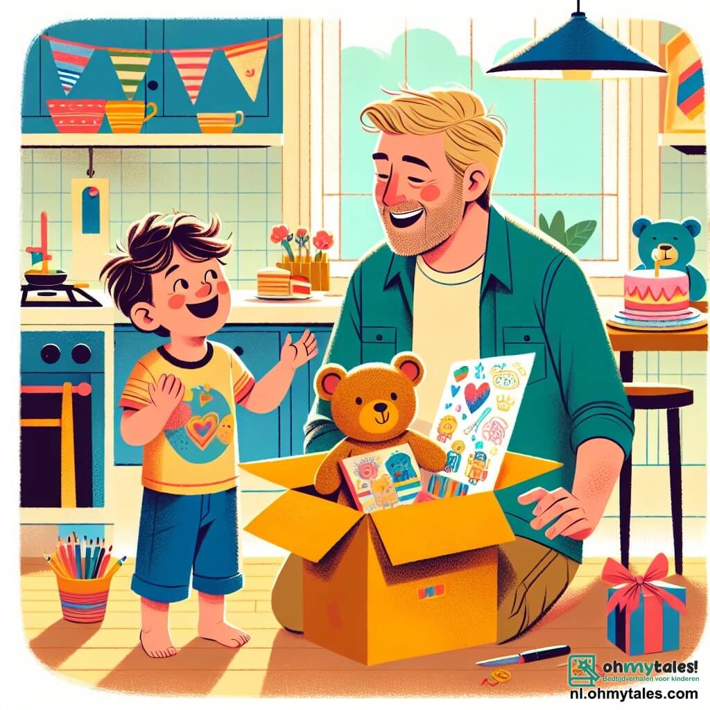 Une illustration sous forme de dessin destinée aux enfants représentant une cuisine chaleureuse et ensoleillée, avec un garçon de 4 ans aux cheveux bruns en désordre, portant un t-shirt coloré et un short, qui sourit joyeusement en tenant une grande boîte remplie de dessins colorés et d'une peluche en forme d'ours, tandis qu'un homme souriant, avec une barbe légère et des lunettes, se penche vers lui avec admiration, entourés de décorations de fête des pères et d'un petit gâteau sur la table, capturant l'instant tendre où le garçon révèle sa surprise pour son papa.
