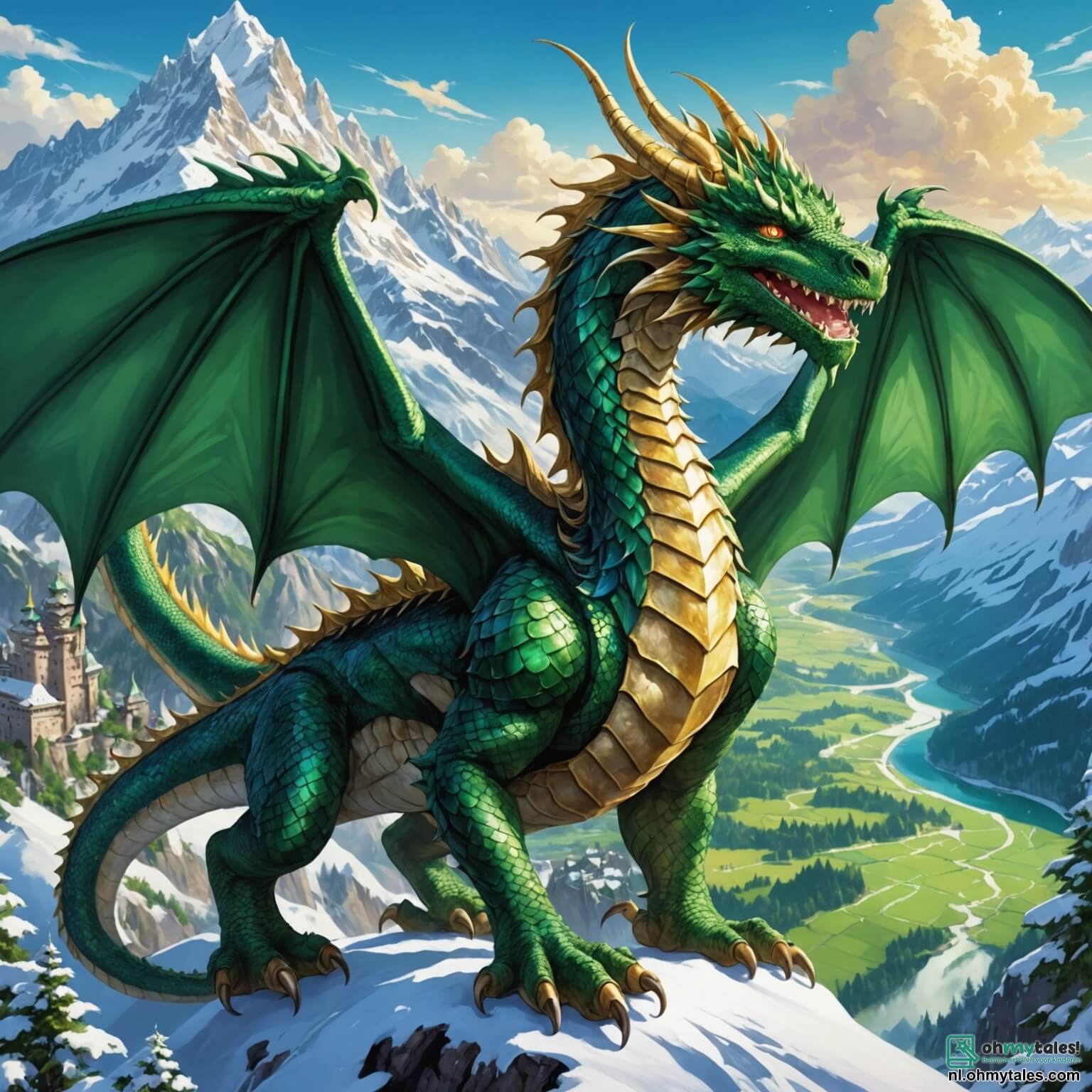 Une illustration destinée aux enfants représentant un majestueux dragon aux écailles scintillantes comme des émeraudes, dont les yeux brillent d'une sagesse ancienne, survolant un vaste royaume de montagnes aux sommets enneigés, où des vallées verdoyantes s'étendent à perte de vue, peuplées de créatures fantastiques comme un courageux jeune garçon aux cheveux dorés, qui rêve d'aventures, et une délicate fée aux ailes translucides, illuminant la nuit de sa douce lumière, alors qu'ils s'unissent pour retrouver un trésor magique caché dans une grotte mystérieuse ornée de cristaux étincelants, où les ombres dansent au rythme du souffle du dragon.