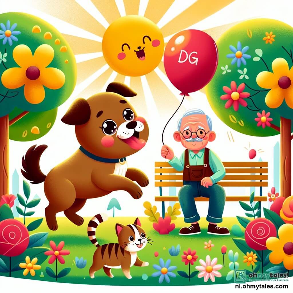 Une illustration sous forme de dessin destinée aux enfants représentant un parc ensoleillé avec des fleurs colorées et des arbres verdoyants, où un grand chien à la fourrure brune et aux yeux pétillants danse joyeusement en tenant une grande ballon rouge, tandis qu'une petite chatte aux poils rayés joue à cache-cache derrière un arbre, et un homme âgé souriant les observe assis sur un banc, le tout capturant l'esprit de l'amitié et du jeu dans un moment de bonheur partagé.