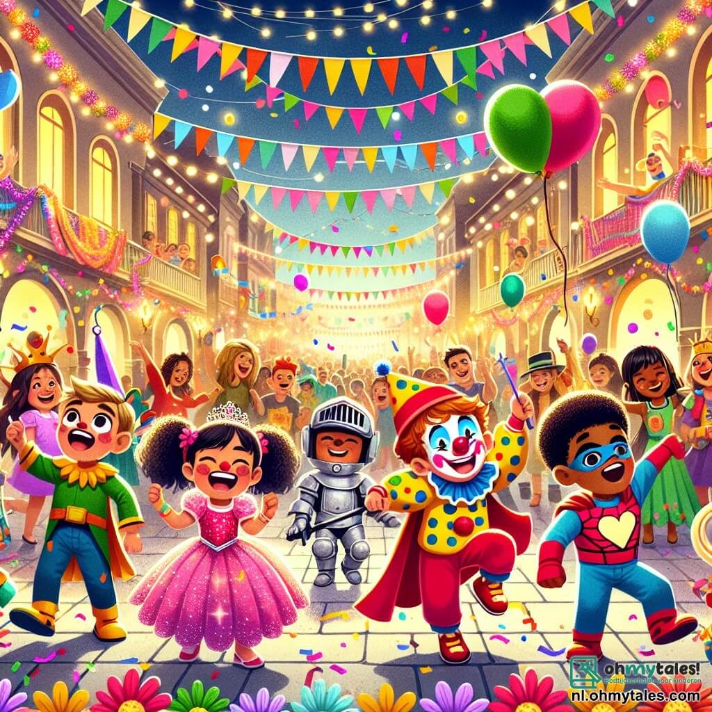 Illustratie van een levendige scène van een carnaval in het hart van een bruisende stad. De straten zijn versierd met kleurrijke slingers, zwevende ballonnen en fonkelende lichten, terwijl bloemenvelden van papier een feestelijke sfeer creëren. In het midden van de afbeelding danst een zevenjarig jongetje, gekleed in een opvallend clownkostuum met een grote rode neus en een stippenhemd, vrolijk. Naast hem lacht een zevenjarig meisje, gekleed als prinses in een glinsterende roze jurk met een stralende kroon, terwijl ze een toverstokje zwaait. Een andere zevenjarige jongen, verkleed als superheld met een rode cape en een masker, maakt heldhaftige poses, terwijl een vierde kind, een zevenjarig meisje, gekleed als ridder met een kartonnen harnas en een plastic zwaard, zich voorbereidt om tegen een denkbeeldige draak te vechten. De hoofdscène toont de kinderen die samen plezier hebben te midden van de menigte, omringd door lachende gezinnen en muzikanten die meeslepende deuntjes spelen. Confetti vliegt door de lucht en voegt een vleugje magie toe aan deze vrolijke scène. Op de achtergrond paraderen kleurrijke praalwagens, versierd met bloemen en fantasierijke figuren, wat een onvergetelijke feeststemming creëert.