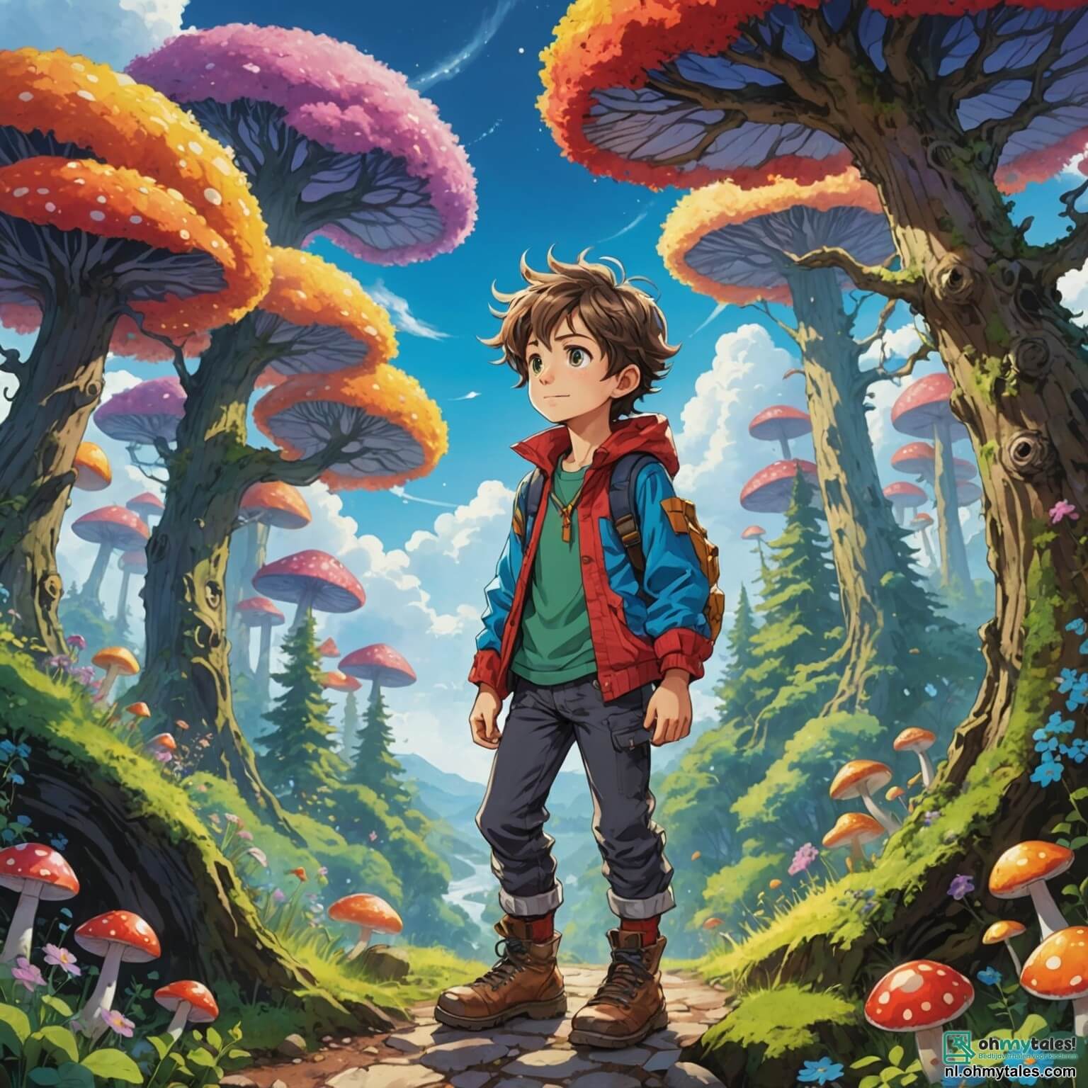 Une illustration destinée aux enfants représentant un petit garçon aux cheveux ébouriffés et aux yeux pétillants, vêtu de vêtements colorés et usés par l'aventure, se tenant courageusement au bord d'une forêt enchantée où les arbres majestueux aux troncs noueux s'élèvent vers un ciel azur parsemé de nuages cotonneux, tandis qu'il scrute avec détermination le chemin sinueux bordé de fleurs éclatantes et de champignons aux couleurs vives, accompagné de sa fidèle amie, une petite fille aux tresses dorées et au sourire éclatant, qui porte une robe légère ornée de motifs floraux, alors qu'ils se préparent à déjouer les plans d'un ogre malicieux qui rôde dans l'ombre des buissons touffus, prêts à vivre une aventure palpitante au cœur de ce royaume féerique.