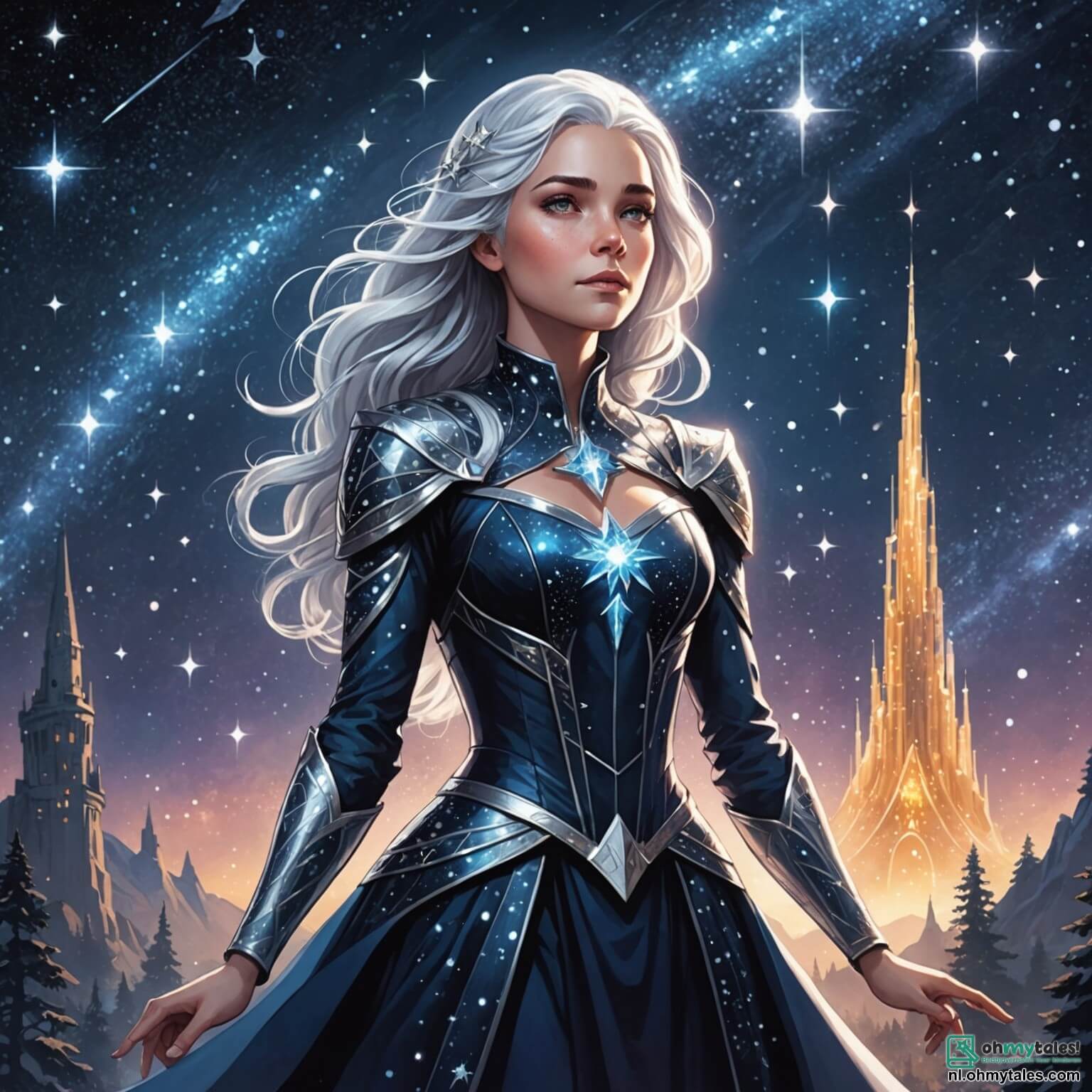 Une illustration destinée aux enfants représentant une femme courageuse aux cheveux d'argent scintillant comme des étoiles, vêtue d'une robe étoilée qui semble capturer la lumière des galaxies, se tenant fièrement dans une majestueuse tour de cristal sur la planète Luminara, où des forêts argentées s'étendent à perte de vue sous un ciel nocturne parsemé de constellations vibrantes, tandis qu'elle se prépare à sauver l'univers d'une force obscure avec l'aide d'une mystérieuse femme aux cheveux étoilés, qui l'accompagne dans cette quête intergalactique, et d'un groupe de courageux étoiles-wachters, tous unis pour restaurer l'harmonie des cieux.