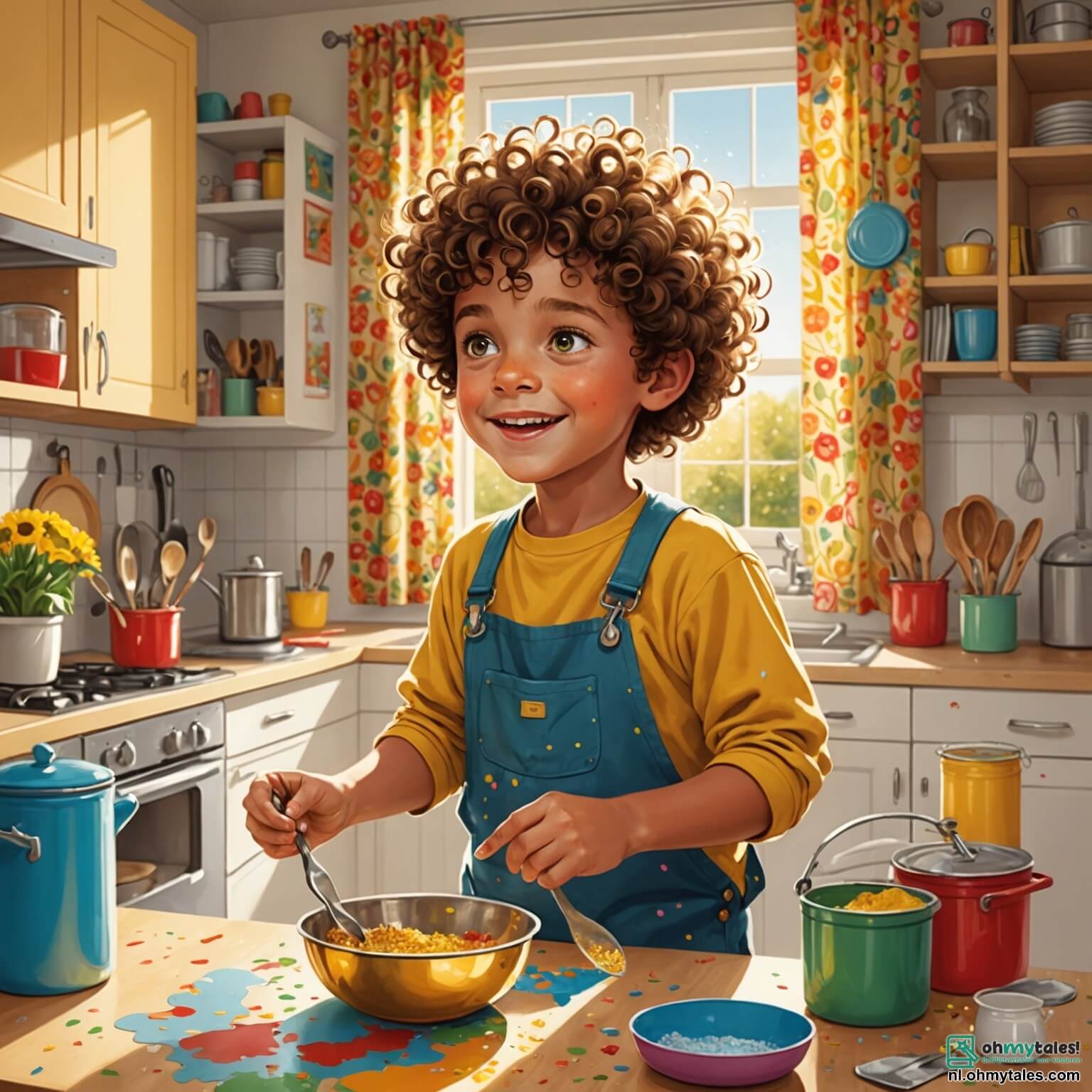 Une illustration destinée aux enfants représentant un petit garçon aux cheveux bouclés et aux yeux pétillants, débordant d'énergie et de créativité, se tenant dans une cuisine ensoleillée, où les rayons dorés du matin filtrent à travers les rideaux à fleurs, tandis qu'il s'affaire à préparer une surprise pour sa maman, entouré de pots de peinture colorés, de paillettes scintillantes et de délicieuses odeurs de pannenkoeken flottant dans l'air, avec à ses côtés son fidèle chien aux poils dorés, qui le regarde avec curiosité et enthousiasme, alors qu'ils s'apprêtent à célébrer la fête des mères dans une ambiance joyeuse et chaleureuse.