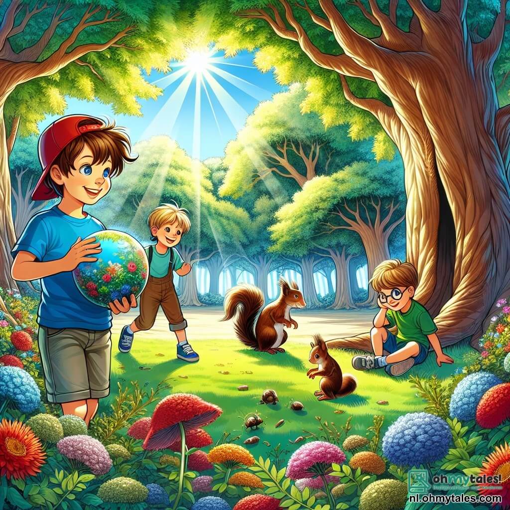 Illustratie die een magische scène in een zonnig park voorstelt, met grote bomen met stralend groene bladeren en kleurrijke bloemen die in de bries dansen. In het midden een kleine open plek omringd door bloeiende struiken, waar een majestueuze boom staat die schaduw biedt en een mysterieuze sfeer creëert. Drie jongens van ongeveer 8 jaar staan op de voorgrond. De eerste jongen, met rommelig bruin haar en een blauwe t-shirt, glimlacht vrolijk terwijl hij een mooie blauwe bal vasthoudt. De tweede jongen, met blond haar en een rode pet, kijkt nieuwsgierig naar een klein eekhoorntje dat bij de bal staat. De derde jongen, met een bril en kastanjebruin haar, zit op de grond en observeert aandachtig als een echte detective. De hoofdscène toont de jongens die met het kleine eekhoorntje spelen, dat zich vermaakt met de bal. Het eekhoorntje, met zijn zachte vacht en grote glanzende ogen, voegt een vleugje magie toe aan de scène. Zonnestralen filteren door de takken, verlichten de open plek en creëren een vrolijke en avontuurlijke sfeer. Kleurrijke vogels vliegen in de blauwe lucht, wat bijdraagt aan de schoonheid van dit moment van vriendschap en ontdekking.