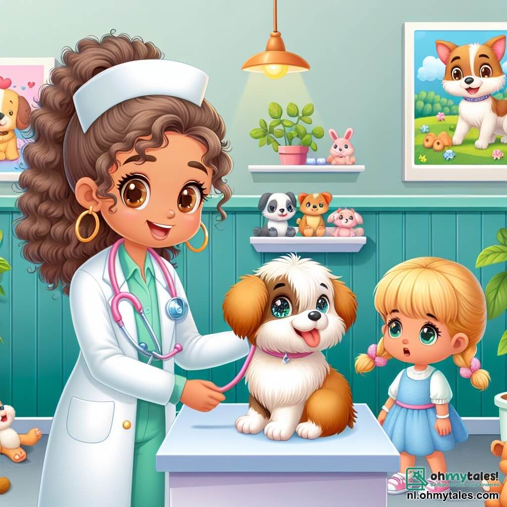 Une illustration sous forme de dessin destinée aux enfants représentant une clinique vétérinaire lumineuse et colorée, avec des murs peints en vert pastel et des posters d'animaux souriants, où une femme vétérinaire aux cheveux bruns et bouclés, portant une blouse blanche, examine attentivement un petit chien aux yeux brillants et au pelage doré, tandis qu'une petite fille aux cheveux blonds et tressés, vêtue d'une robe bleue, observe avec émerveillement, entourés de jouets en peluche et de plantes vertes, illustrant ainsi la magie de prendre soin des animaux et l'importance de l'amour et de la compassion dans le métier de vétérinaire.