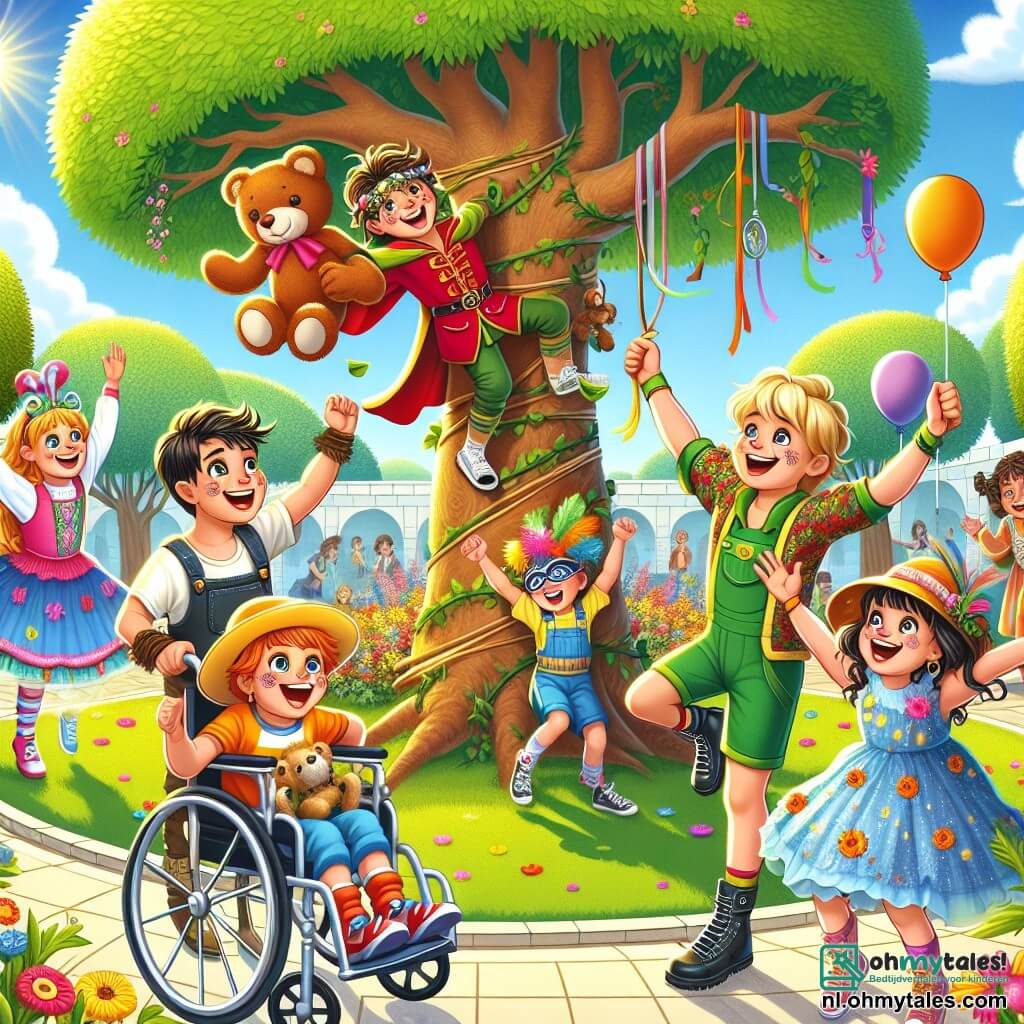 Illustratie van een levendige scène op een grote zonnige speelplaats, met een enorme en majestueuze boom met heldergroene bladeren, omringd door kleurrijke bloemen en een heldere blauwe lucht. In het midden bereidt een groep van vijf kinderen, allemaal zeven jaar oud, zich voor op een klimwedstrijd. Een jongen met bruin haar, gekleed in een grote teddybeer-pelshouding en een hoed versierd met een veer, staat lachend klaar om te klimmen. Naast hem staat een andere jongen met blond haar, gekleed in een rode cape en een masker, die zijn armen in de lucht steekt met een enthousiaste glimlach. Een meisje met lange, krullende haren, gekleed in een kleurrijke glanzende papieren jurk, danst vrolijk met haar armen omhoog. Een andere jongen, atletisch, draagt een opvallende sportoutfit met grote schoenen en is vastbesloten om de boom te beklimmen. Ten slotte glimlacht een jongen in een rolstoel versierd met kleurrijke ballonnen en moedigt zijn vrienden aan, terwijl hij een touw vasthoudt dat aan een klein blaffend puppy is bevestigd. De scène vangt de opwinding en energie van het evenement, met lachen en glimlachen, terwijl de enthousiaste puppy klaar lijkt om de kinderen te helpen de top van de boom te bereiken. Ballonnen zweven in de lucht en voegen een feestelijke sfeer toe aan deze vriendelijke en uitdagende wedstrijd.