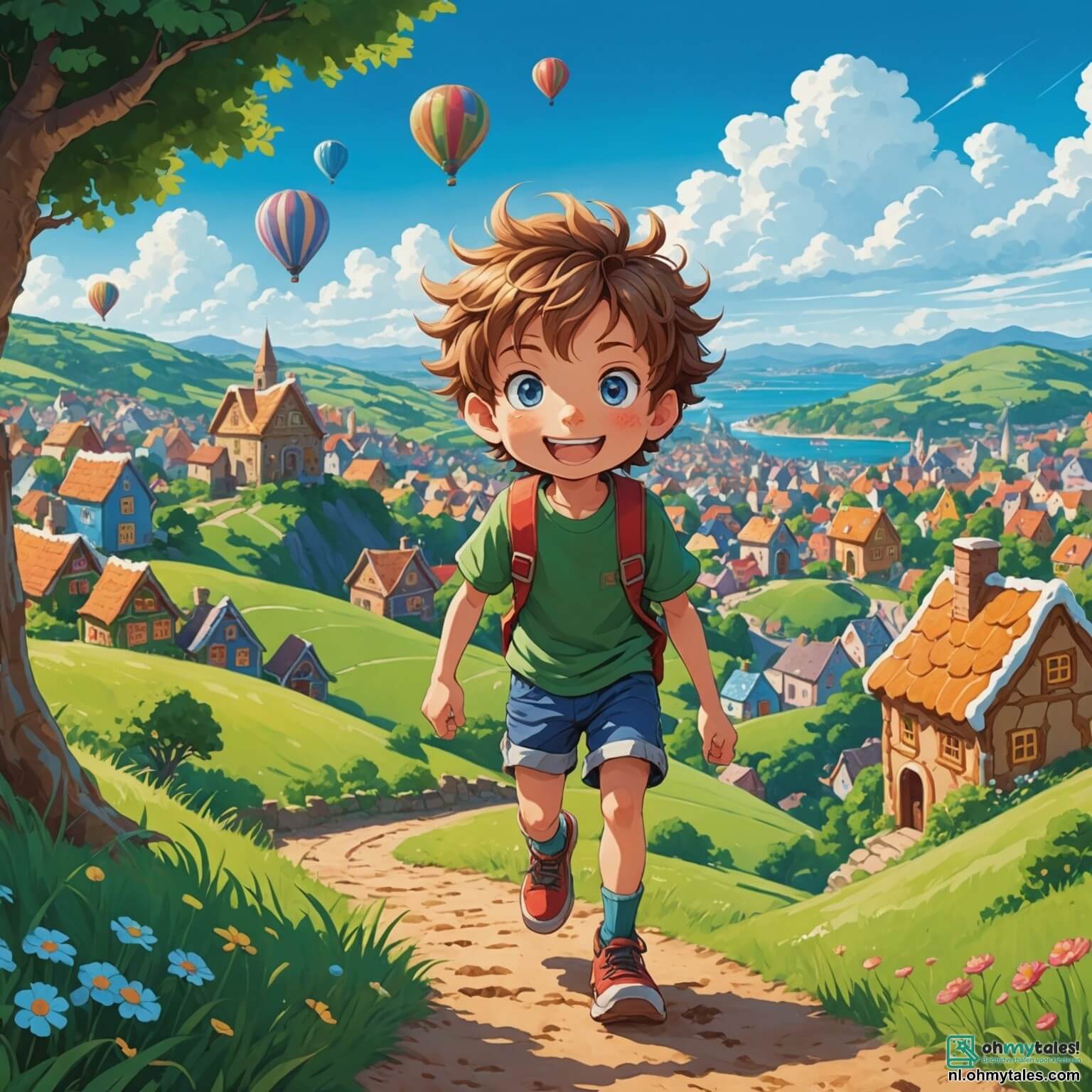 Une illustration destinée aux enfants représentant un garçon intrépide aux cheveux ébouriffés et aux yeux pétillants de malice, se tenant au sommet d'une colline verdoyante surplombant un village coloré aux maisons en pain d'épice, où des nuages cotonneux dansent dans un ciel azur, tandis qu'il se prépare à relever le défi impossible de construire un château de sable géant sur la plage dorée, accompagné de sa petite sœur espiègle, aux couettes rebondissantes et au sourire éclatant, qui l'encourage avec enthousiasme, et de son ami fidèle, un chien aux grandes oreilles qui aboie joyeusement, tous trois entourés de rires et d'excitation, prêts à affronter les vagues et les défis que la mer pourrait leur lancer.