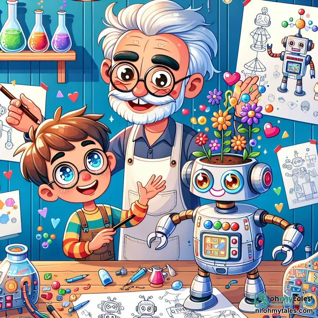 Une illustration sous forme de dessin destinée aux enfants représentant un laboratoire coloré rempli de machines étranges et de plans éparpillés, où un homme aux cheveux grisonnants, portant des lunettes rondes et un tablier de travail, est en train de montrer avec enthousiasme un robot souriant qui plante des fleurs, tandis qu'un garçon aux cheveux bruns et aux yeux pétillants observe avec émerveillement, tenant un crayon et un carnet de croquis, illustrant ainsi leur collaboration joyeuse pour créer une invention magique.