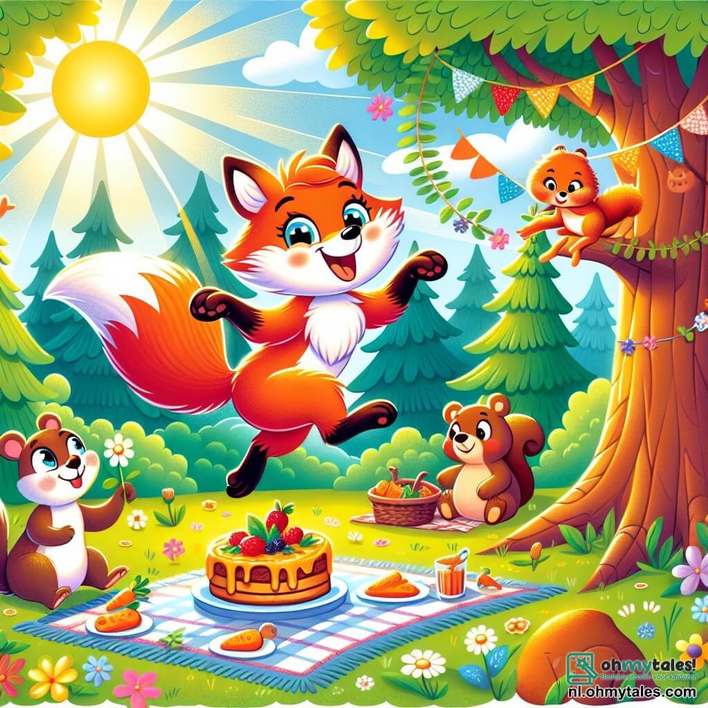Une illustration sous forme de dessin destinée aux enfants représentant une joyeuse clairière ensoleillée dans une forêt colorée, où un renard aux poils roux éclatants et aux yeux malicieux, en train de sauter de joie, organise un grand festin avec des animaux, tandis qu'un écureuil aux yeux pétillants grimpe à un arbre pour accrocher des guirlandes de fleurs, et un ours au pelage brun, assis sur une couverture, savoure une délicieuse tarte aux carottes, le tout entouré de rires et de musique, créant une atmosphère festive et amicale.